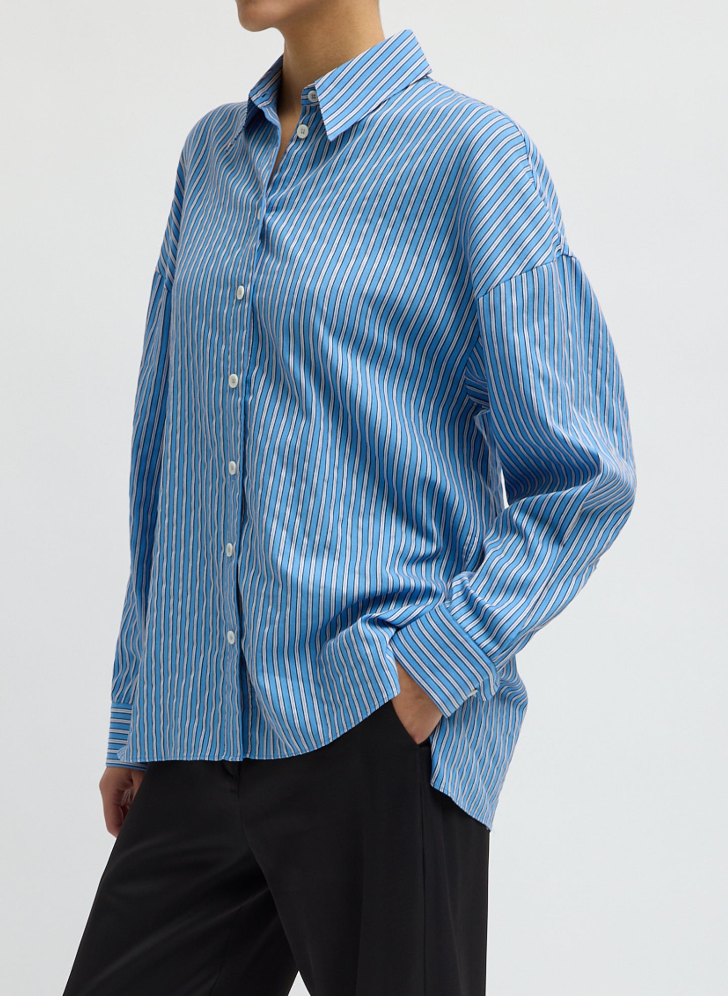 Blue Edmund Lyocell Stripe Oversized Shirt - button down shirt, side view on model