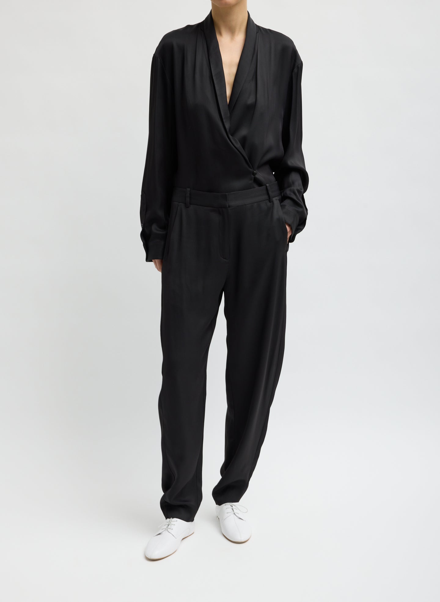 Black Eco Acetate Viscose Grace Trouser - tapered trouser, front view on model