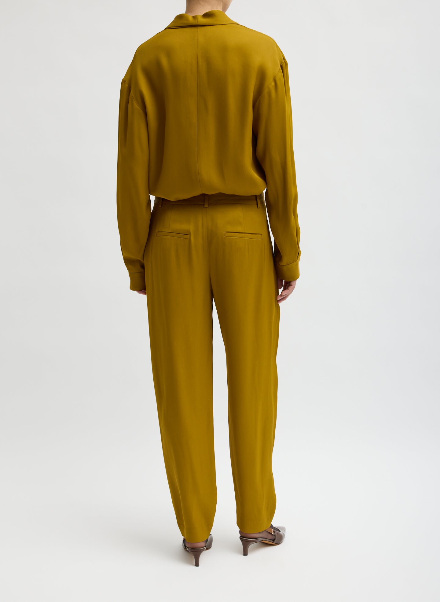 Mustard Eco Acetate Viscose Grace Trouser - tapered trouser, back view on model