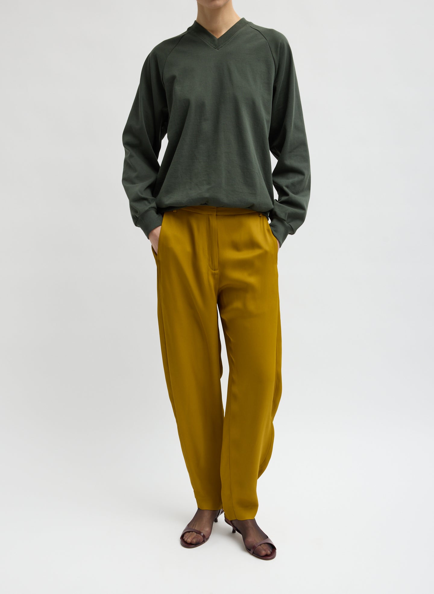 Mustard Eco Acetate Viscose Grace Trouser - full look, front view on model