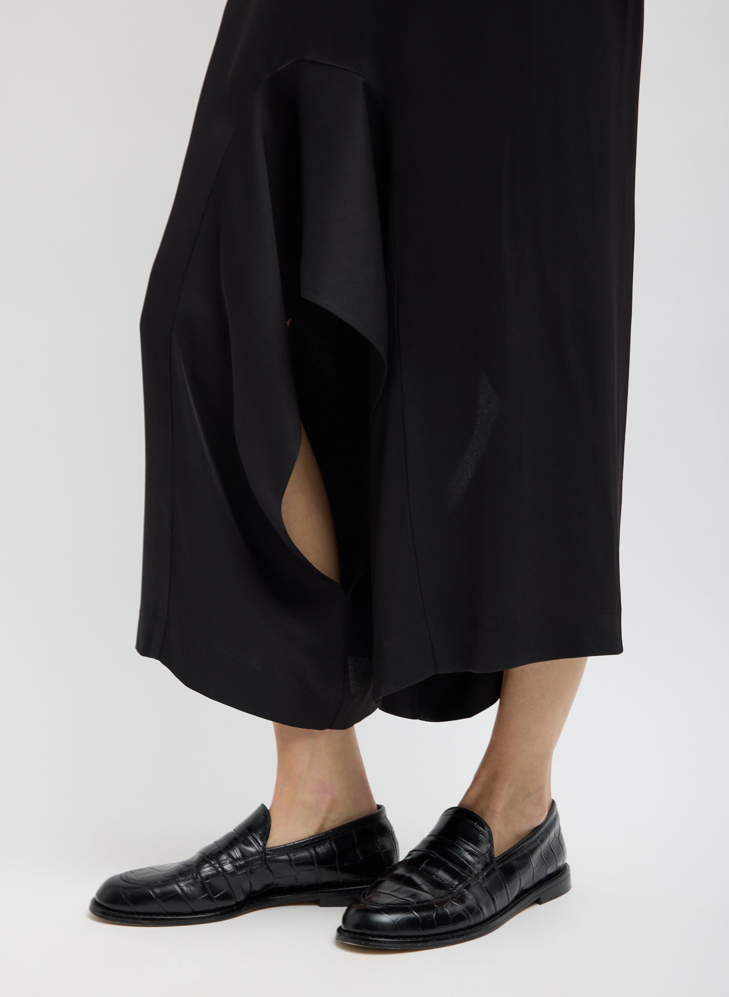 Black Eco Acetate Viscose Front Drape Culotte - closeup of drape front detail