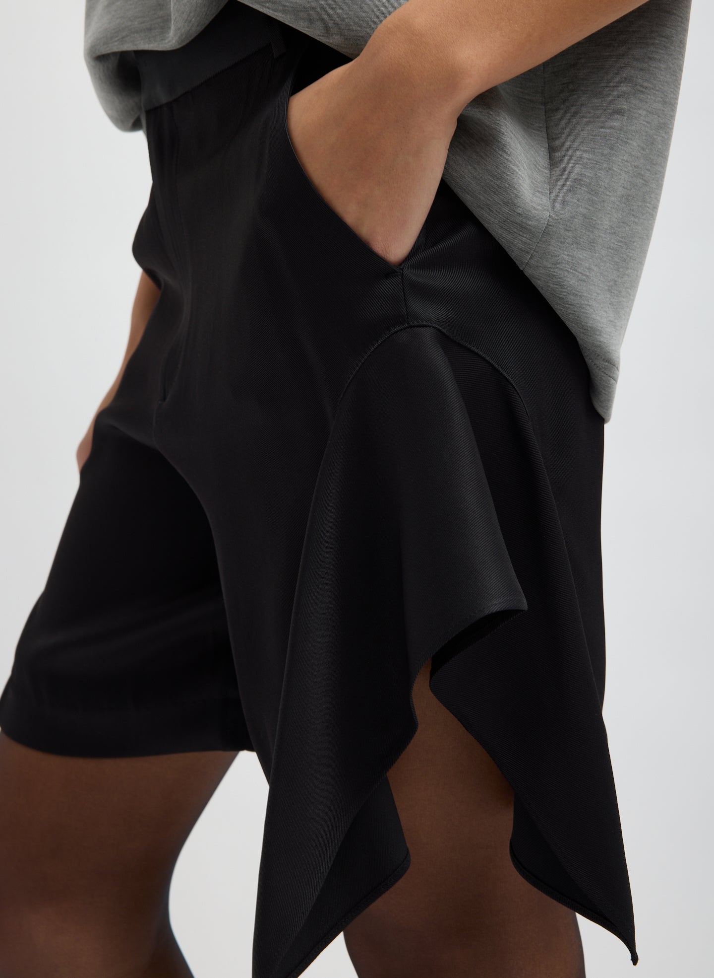 Black Eco Acetate Viscose Side Drape Short - closeup of side drape detail