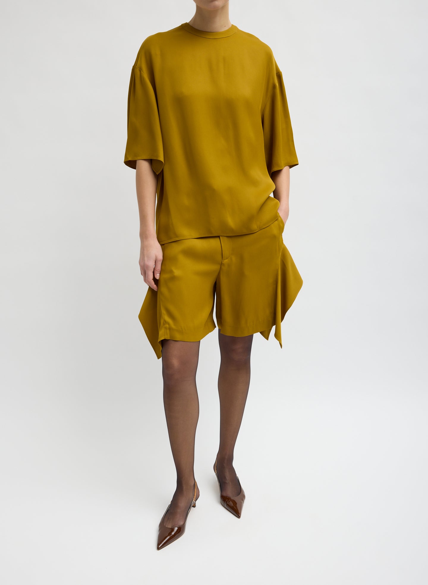 Mustard Eco Acetate Viscose Side Drape Short - full look, front view on model