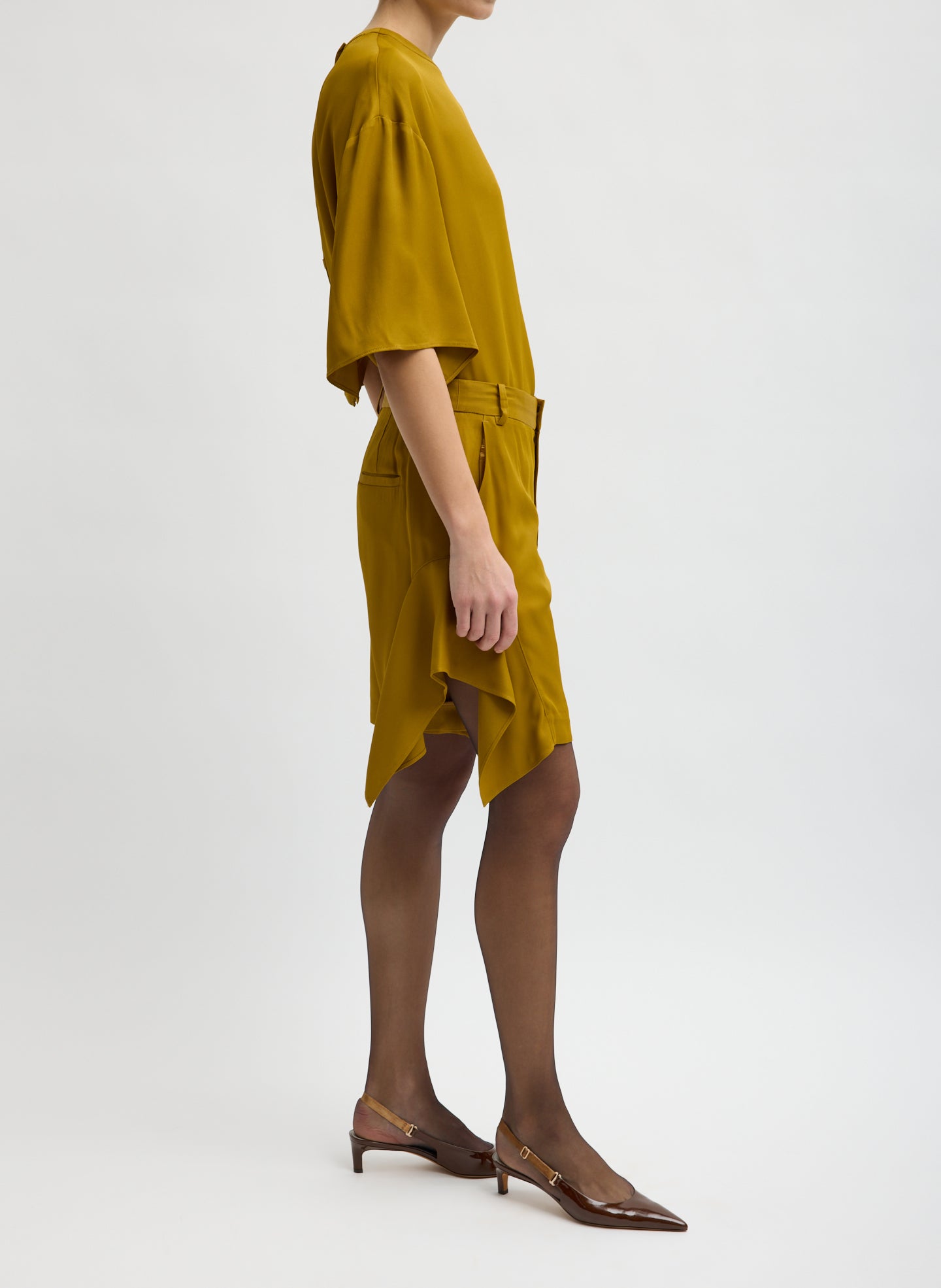 Mustard Eco Acetate Viscose Side Drape Short - side view on model