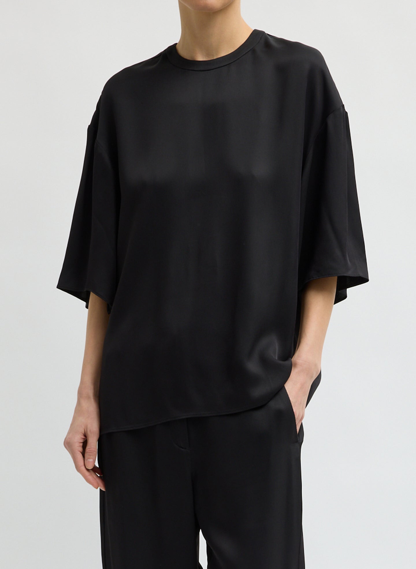 Black Eco Acetate Viscose Easy T-Shirt with Slit Detail - oversized t-shirt, front view on model