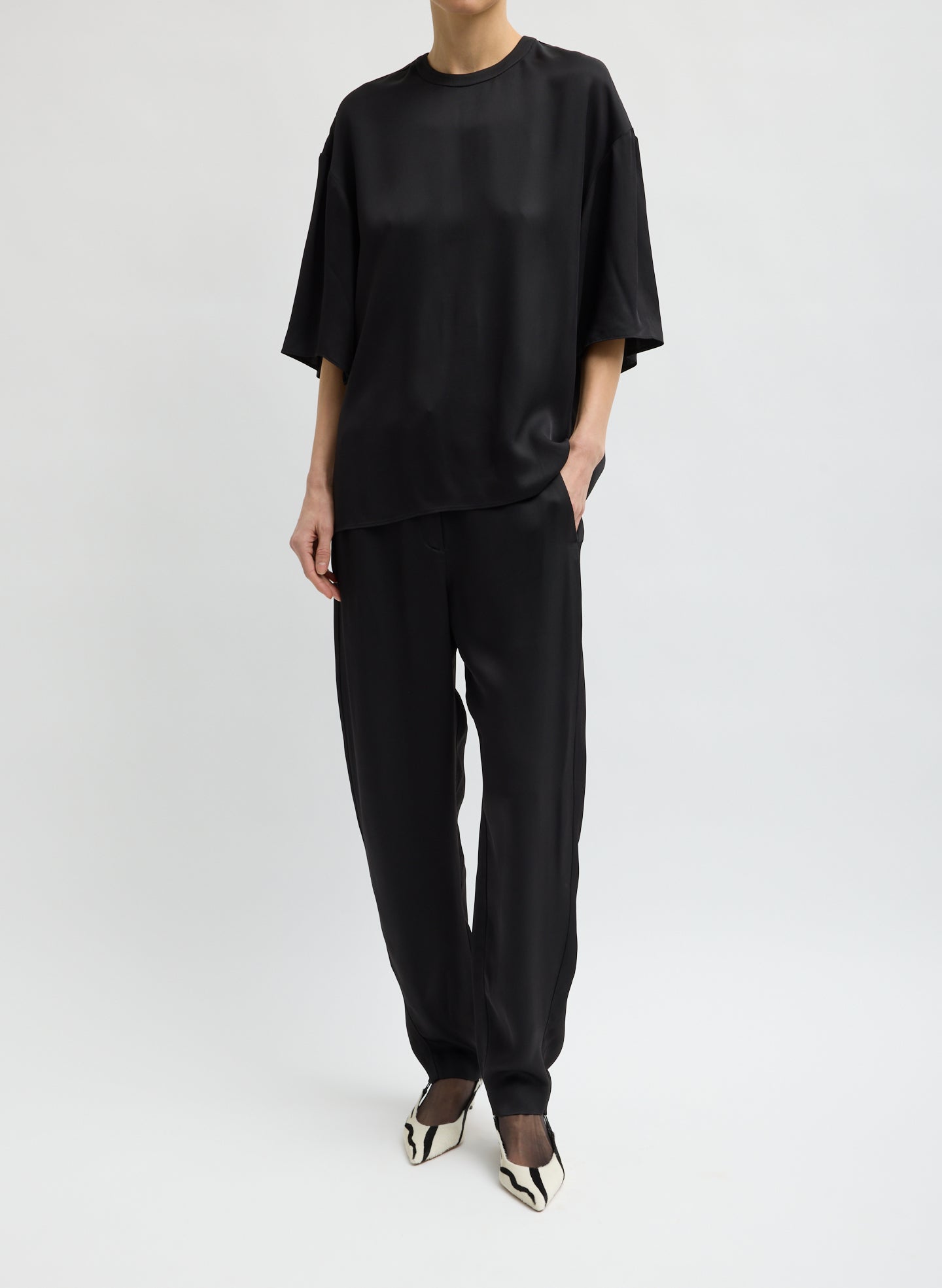 Black Eco Acetate Viscose Easy T-Shirt with Slit Detail - full look, front view on model