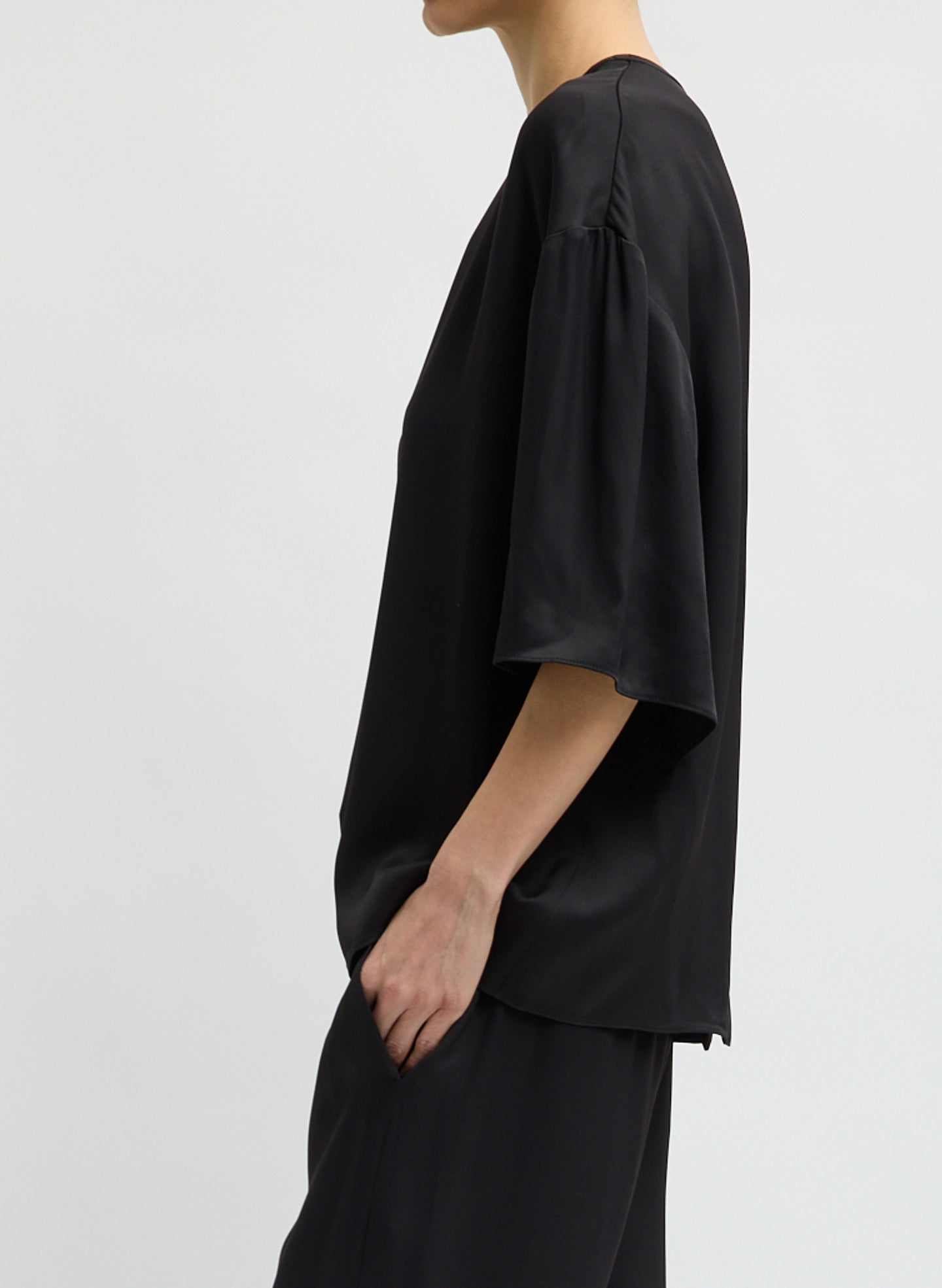 Black Eco Acetate Viscose Easy T-Shirt with Slit Detail - oversized t-shirt, side view on model