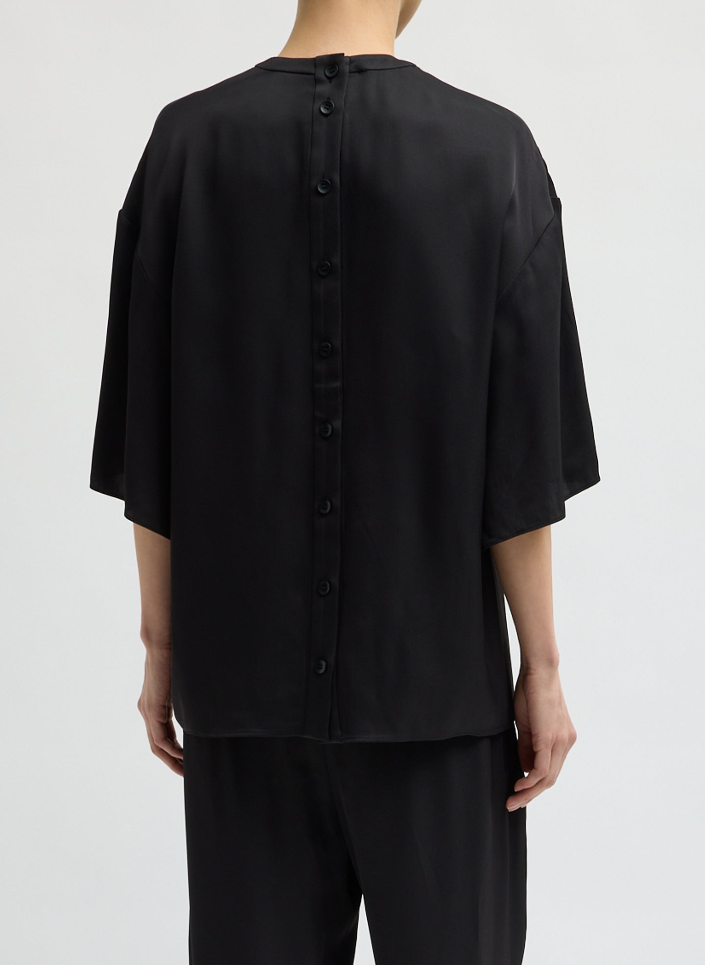 Black Eco Acetate Viscose Easy T-Shirt with Slit Detail - oversized t-shirt, back view on model