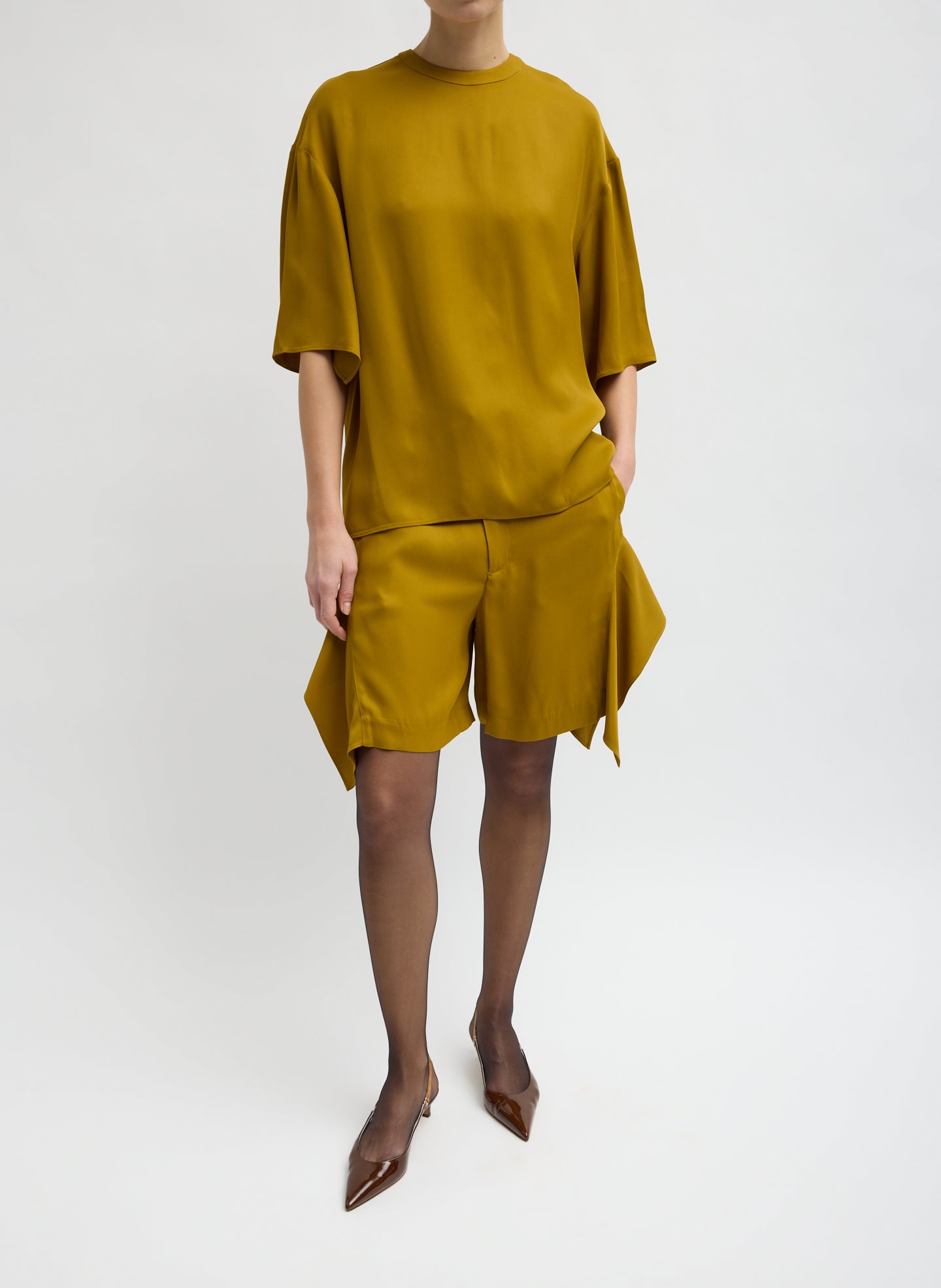 Mustard Eco Acetate Viscose Easy T-Shirt with Slit Detail - full look, front view on model