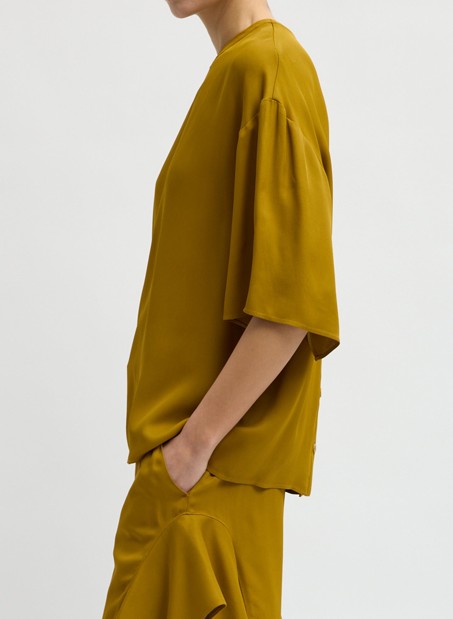 Mustard Eco Acetate Viscose Easy T-Shirt with Slit Detail - oversized t-shirt, side view on model