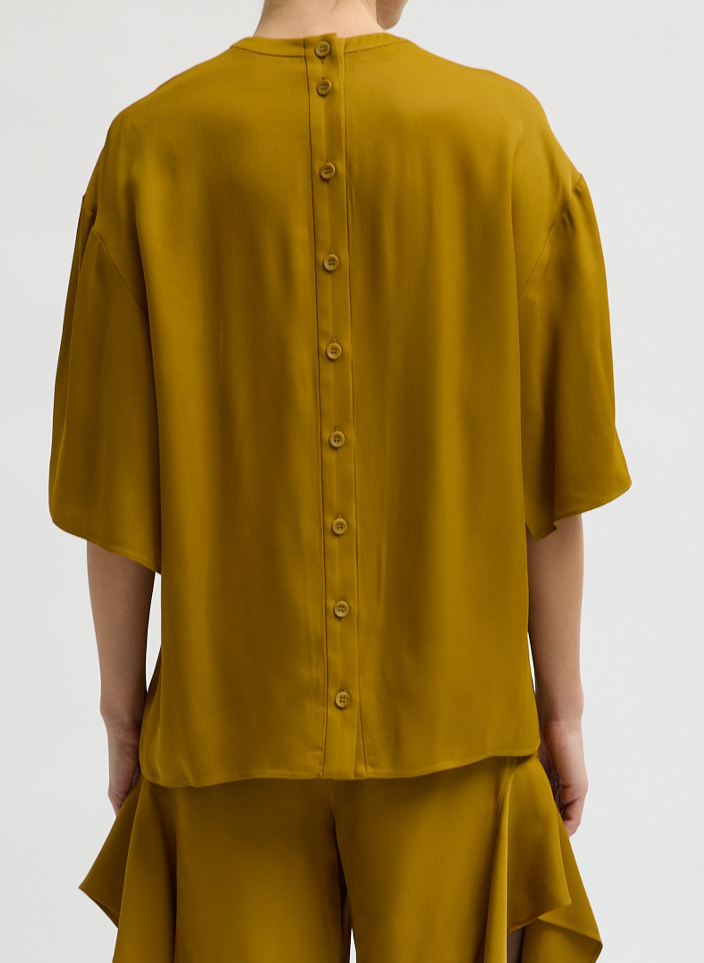 Mustard Eco Acetate Viscose Easy T-Shirt with Slit Detail - oversized t-shirt, back view on model