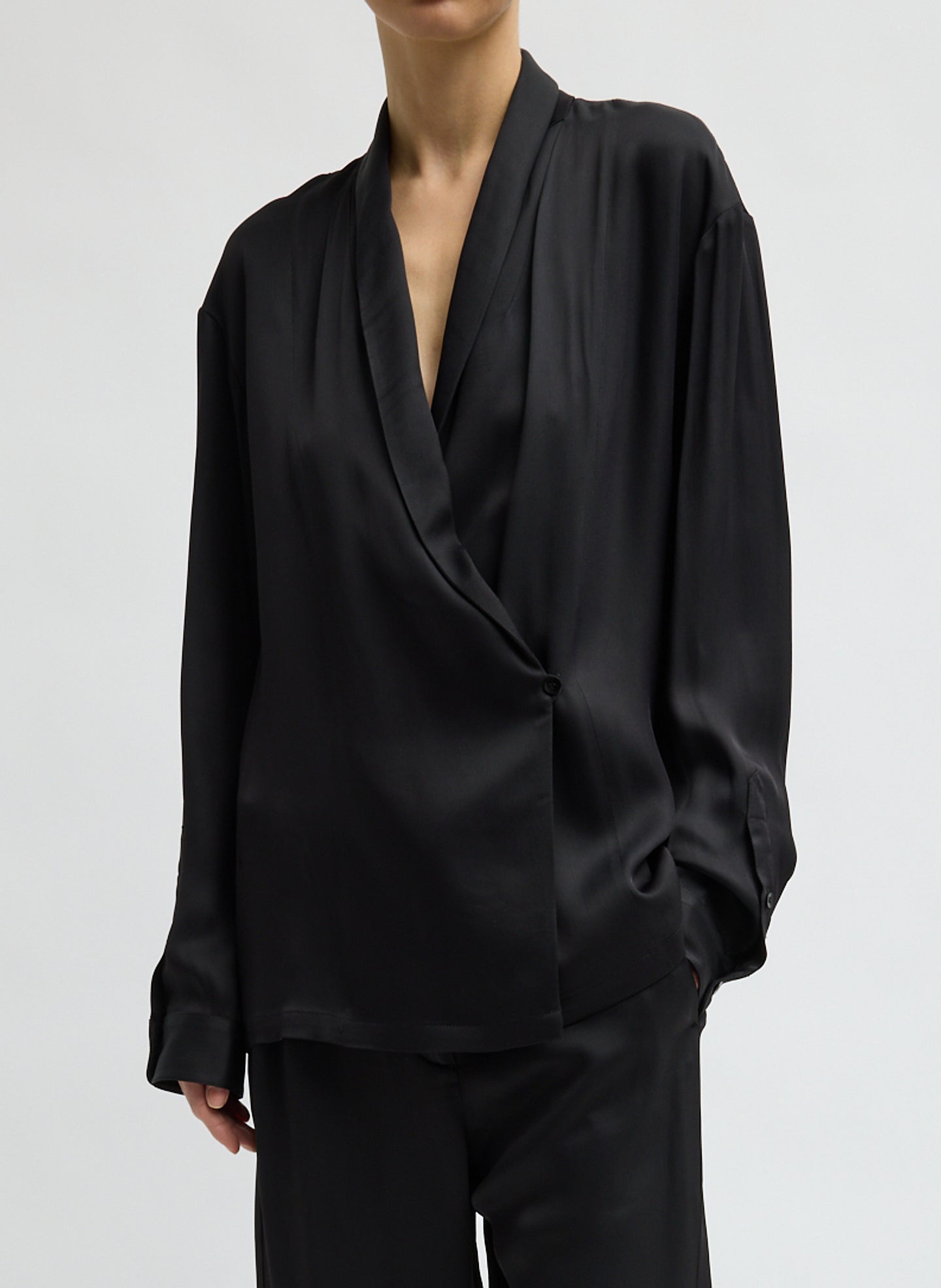 Black Eco Acetate Viscose Wrap Shirt Jacket - front view on model