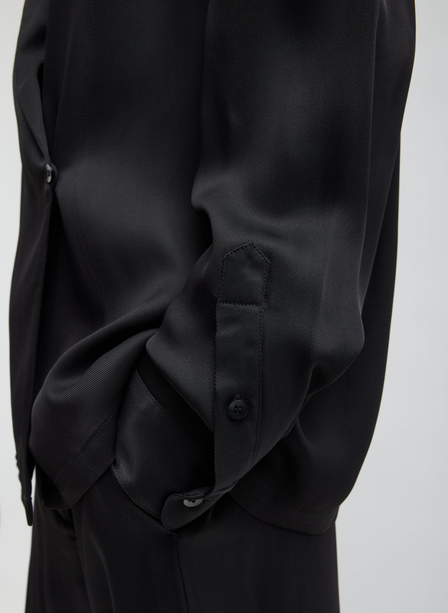 Black Eco Acetate Viscose Wrap Shirt Jacket - closeup of sleeve detail