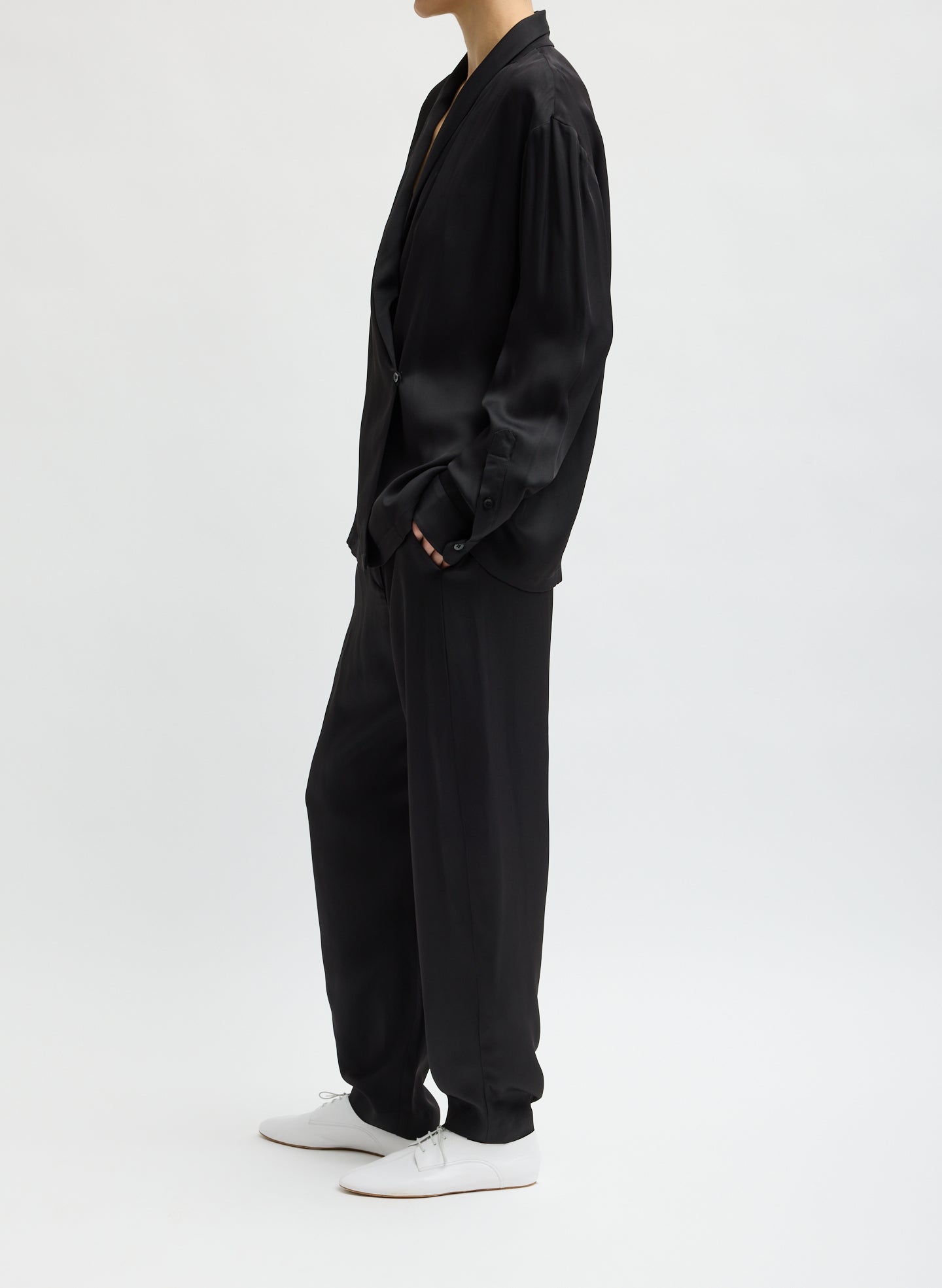 Black Eco Acetate Viscose Wrap Shirt Jacket - side view on model