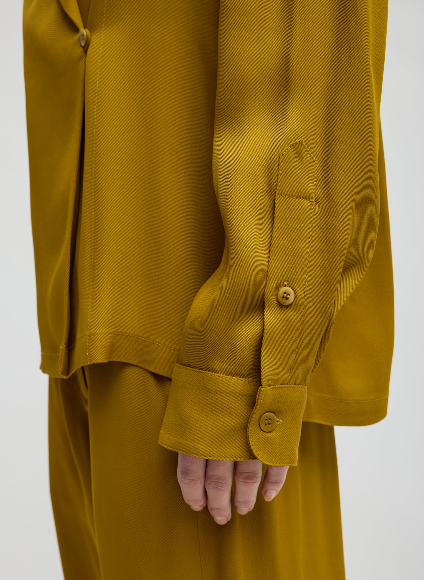 Mustard Eco Acetate Viscose Wrap Shirt Jacket - closeup of sleeve detail