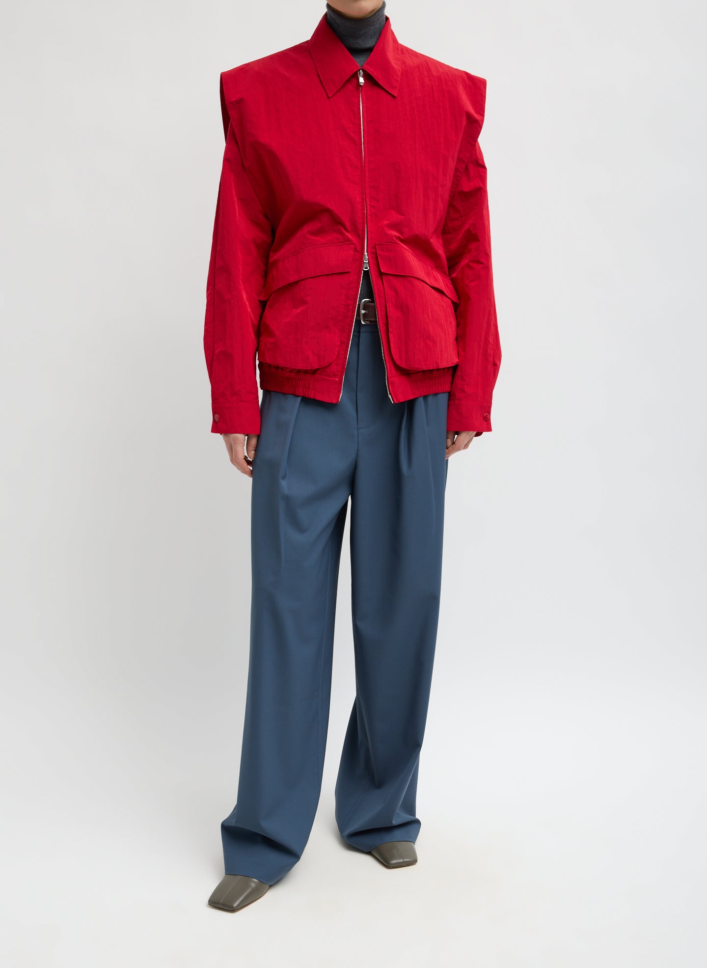Red Fall Nylon Snap Bomber Jacket - front view on model