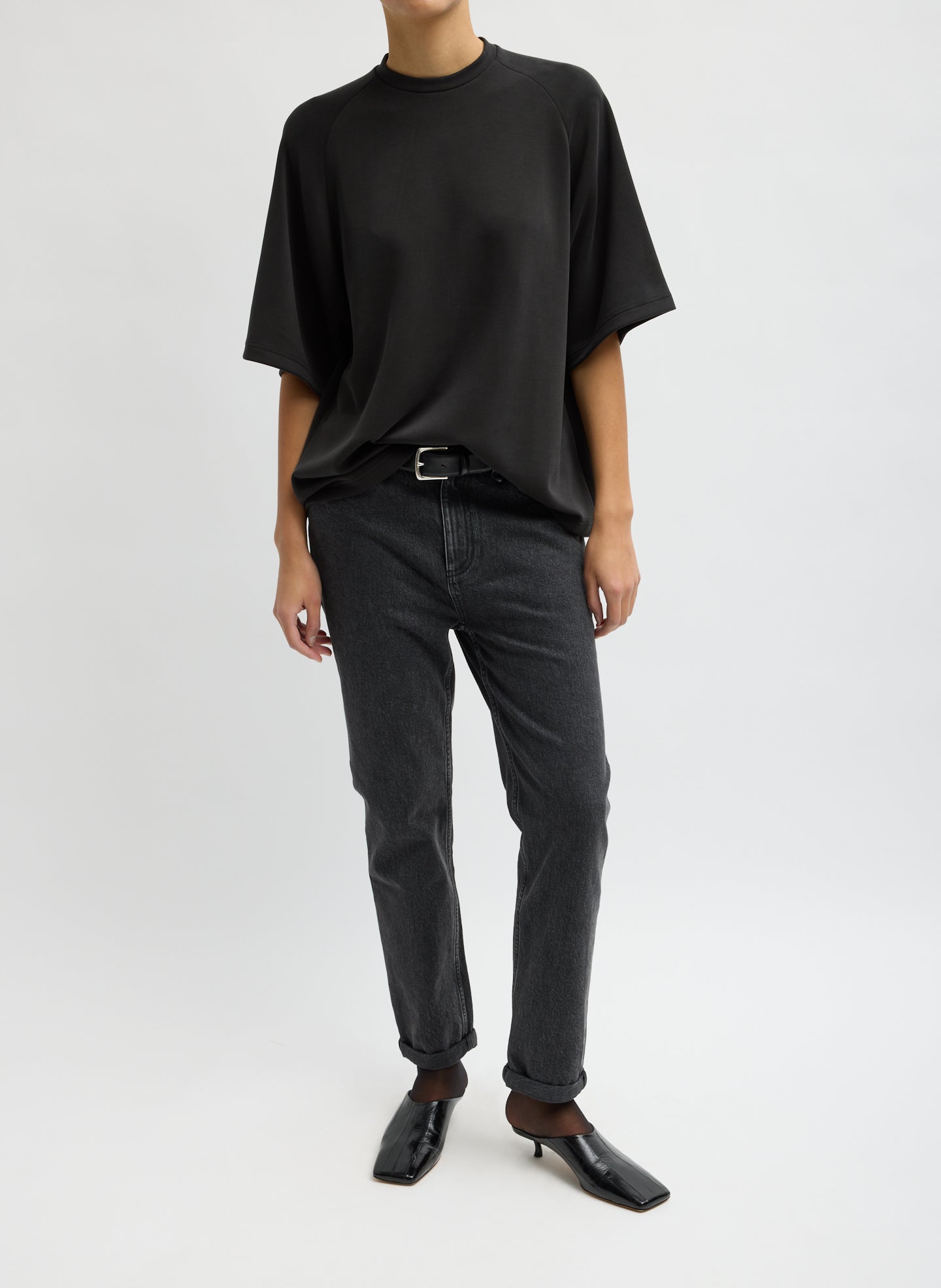 Black Feather Weight Viscose Neoprene Short Sleeve Baseball T-Shirt - full look, front view on model