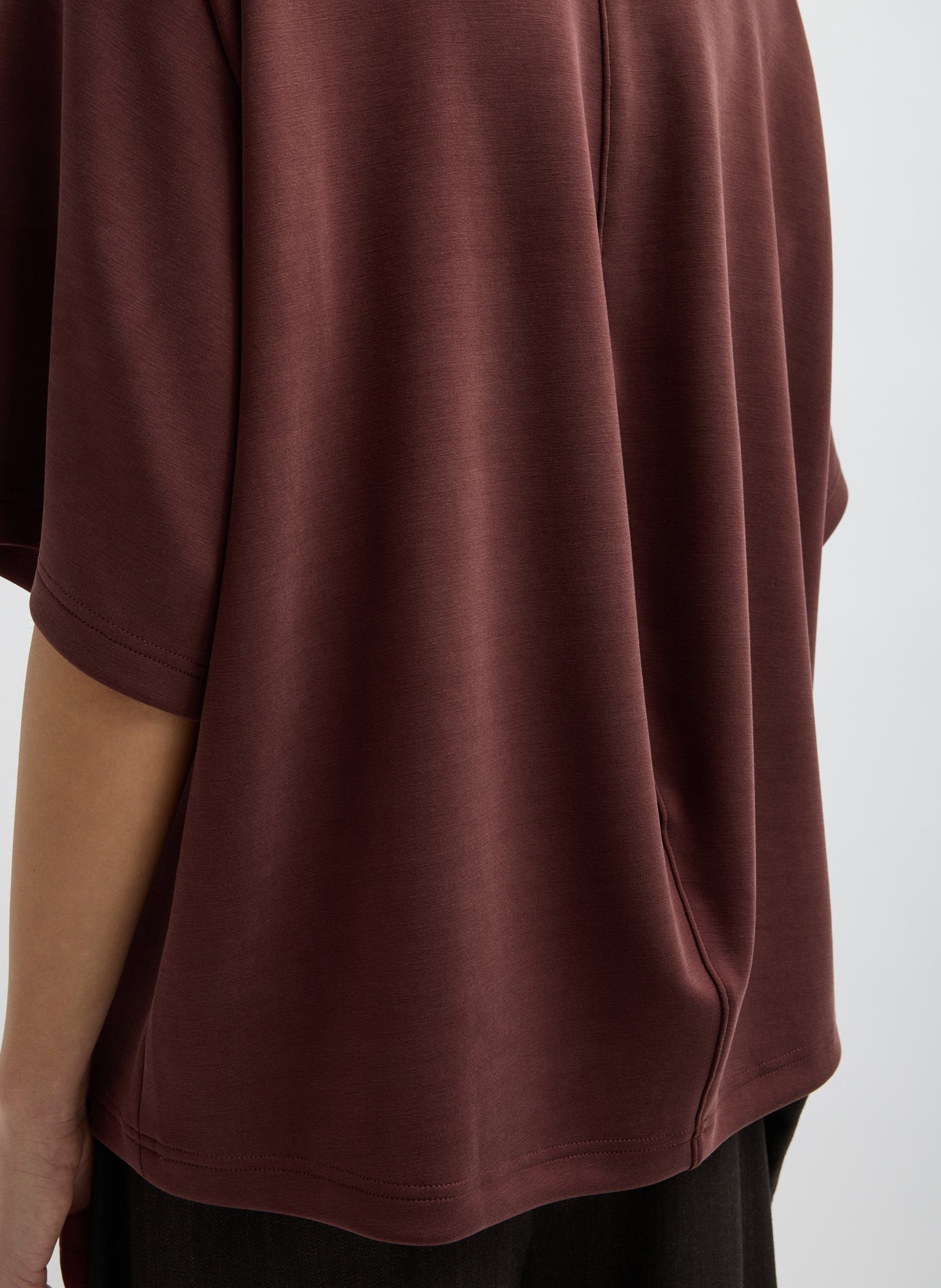 Bordeaux Feather Weight Viscose Neoprene Short Sleeve Baseball T-Shirt - closeup of back detail