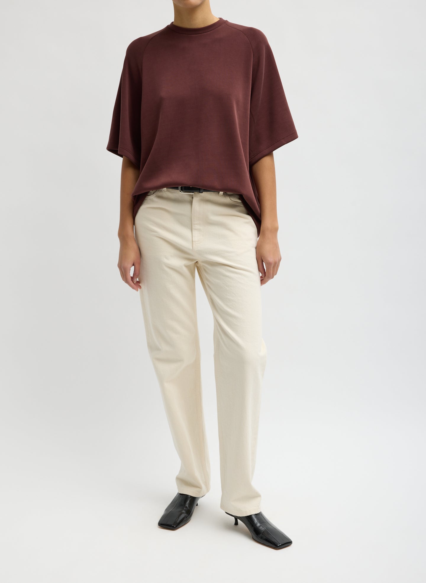 Bordeaux Feather Weight Viscose Neoprene Short Sleeve Baseball T-Shirt - full look, front view on model