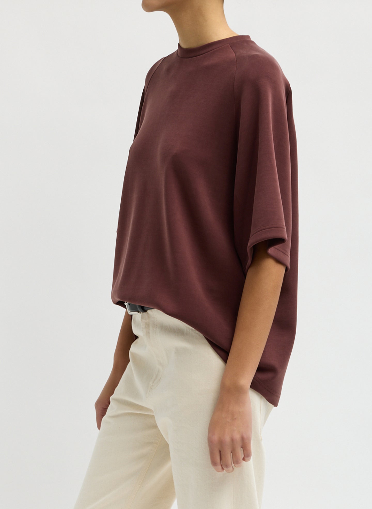 Bordeaux Feather Weight Viscose Neoprene Short Sleeve Baseball T-Shirt - side view on model