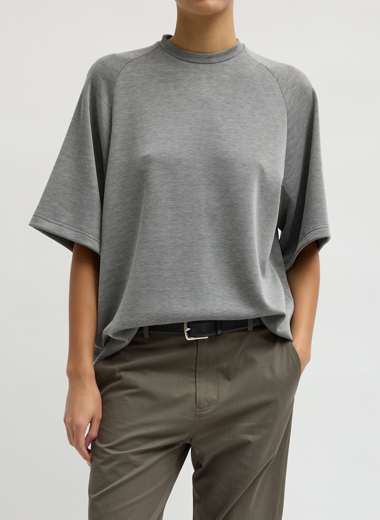 Grey Feather Weight Viscose Neoprene Short Sleeve Baseball T-Shirt - front view on model