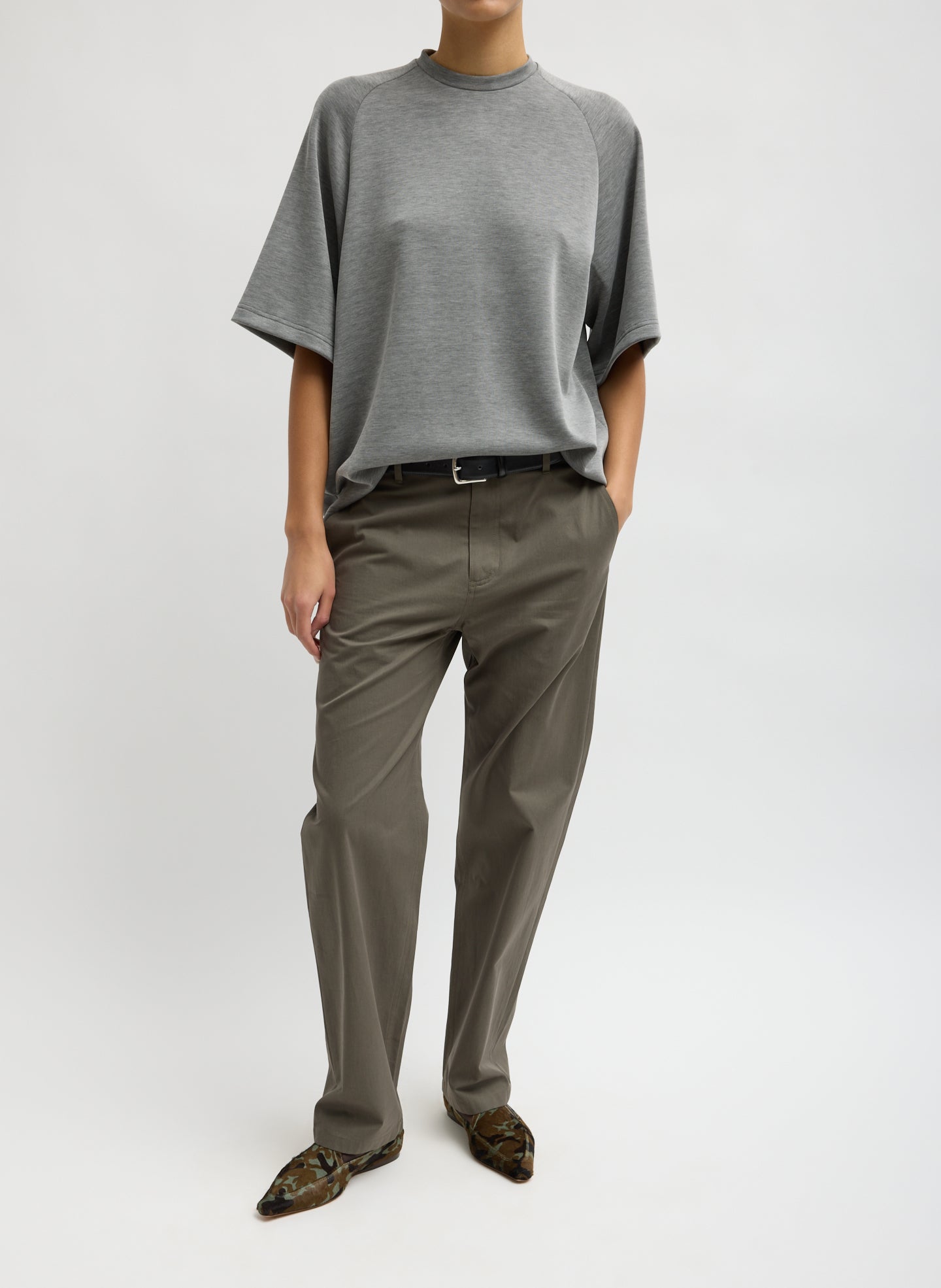 Grey Feather Weight Viscose Neoprene Short Sleeve Baseball T-Shirt - full look, front view on model