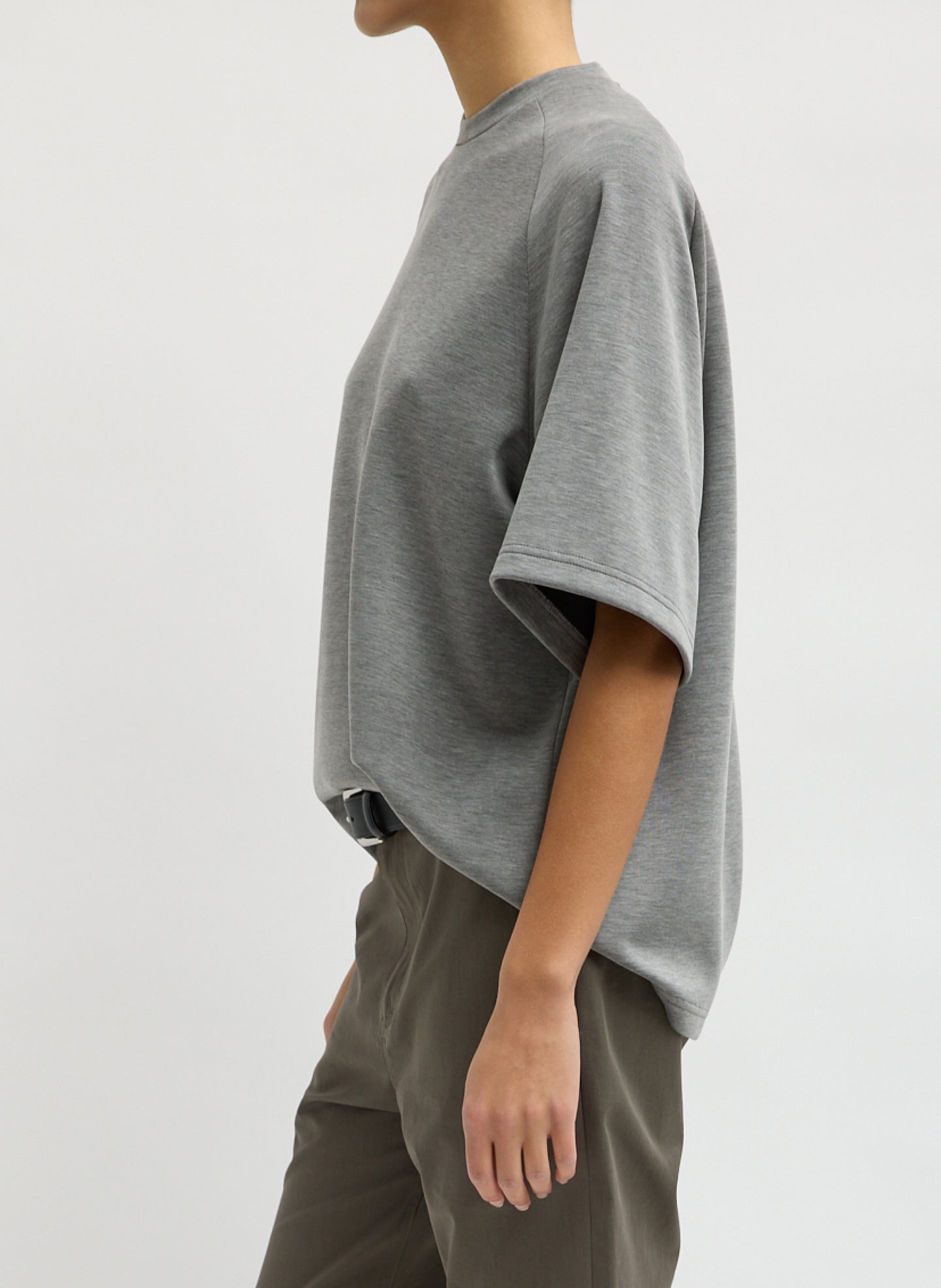 Grey Feather Weight Viscose Neoprene Short Sleeve Baseball T-Shirt - side view on model