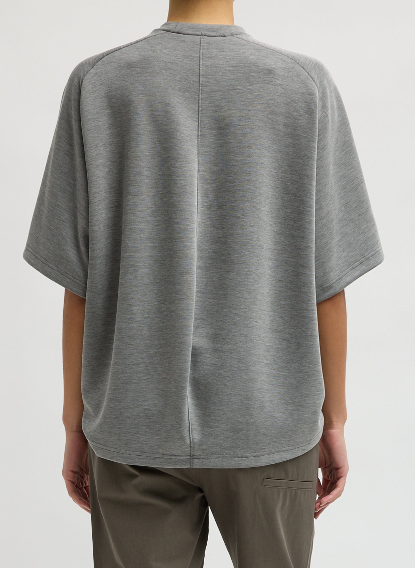 Grey Feather Weight Viscose Neoprene Short Sleeve Baseball T-Shirt - back view on model