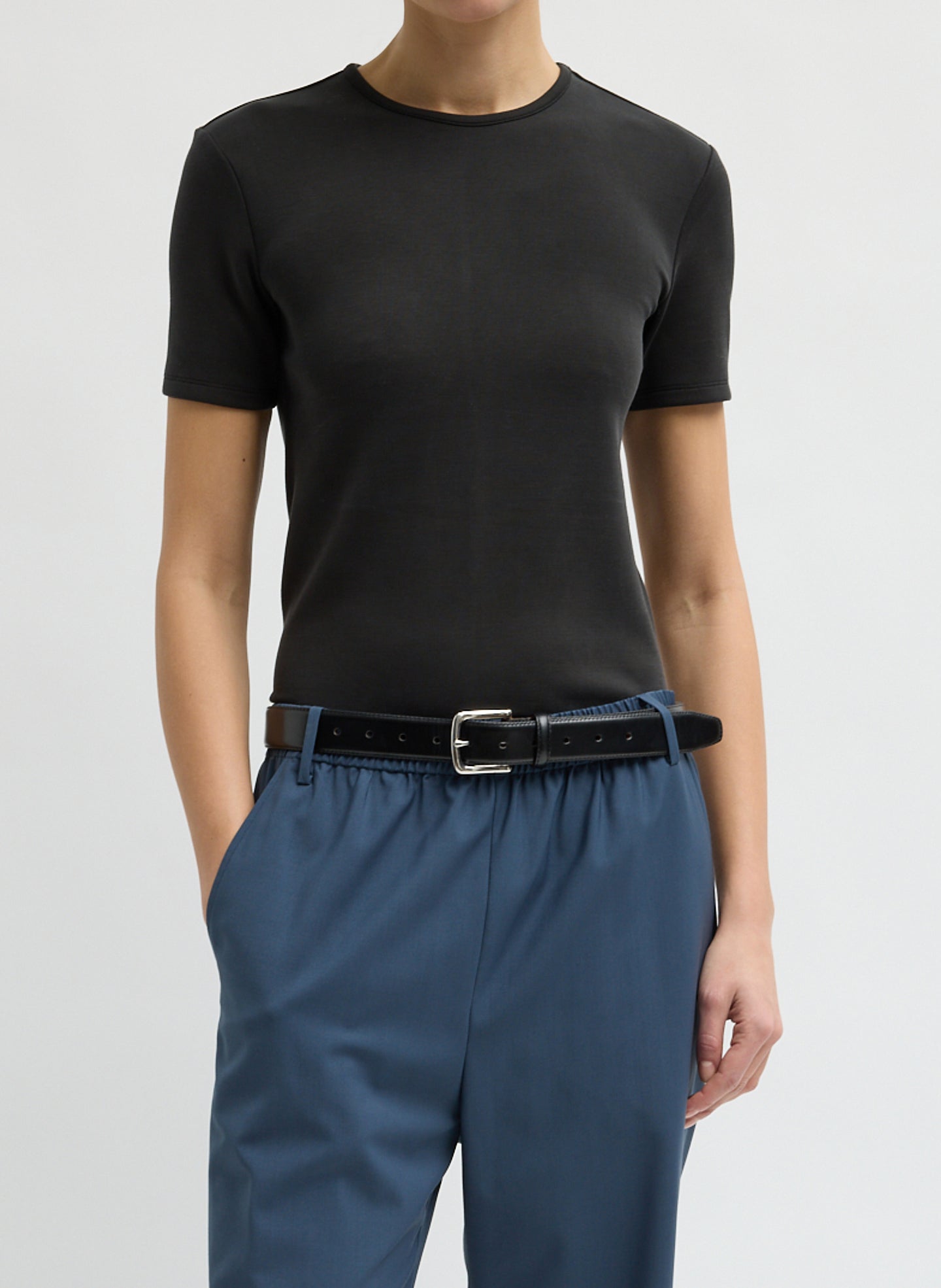 Black Feather Weight Viscose Neoprene Short Sleeve T-Shirt - front view on model
