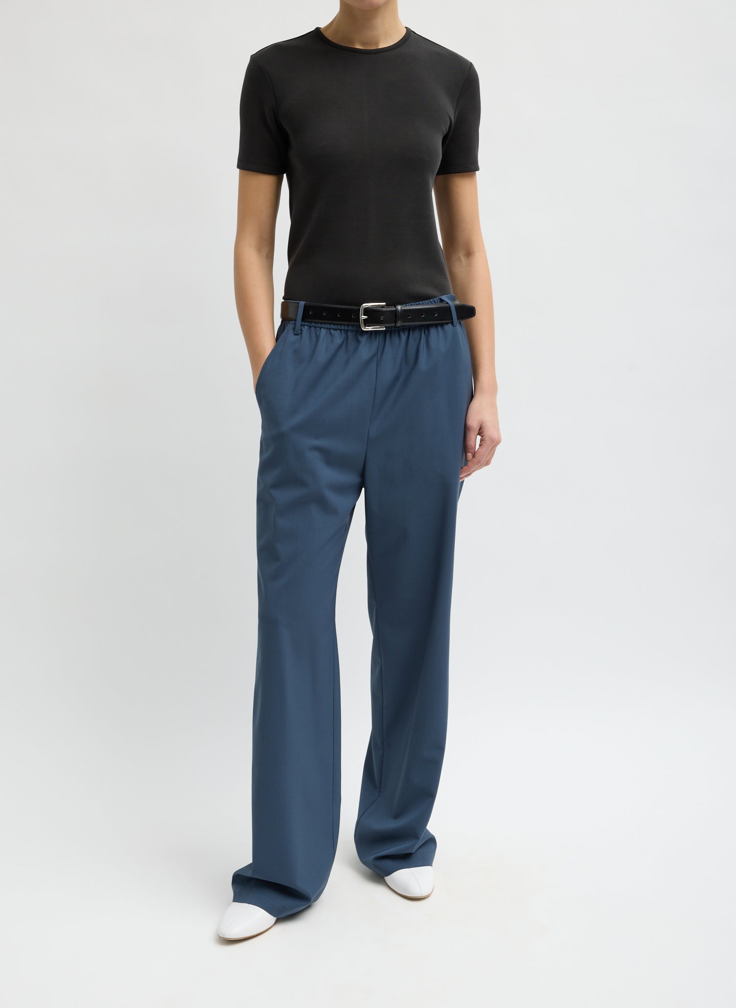 Black Feather Weight Viscose Neoprene Short Sleeve T-Shirt - full look, front view on model