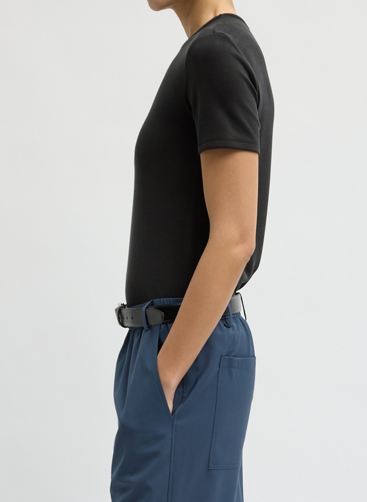 Black Feather Weight Viscose Neoprene Short Sleeve T-Shirt - side view on model