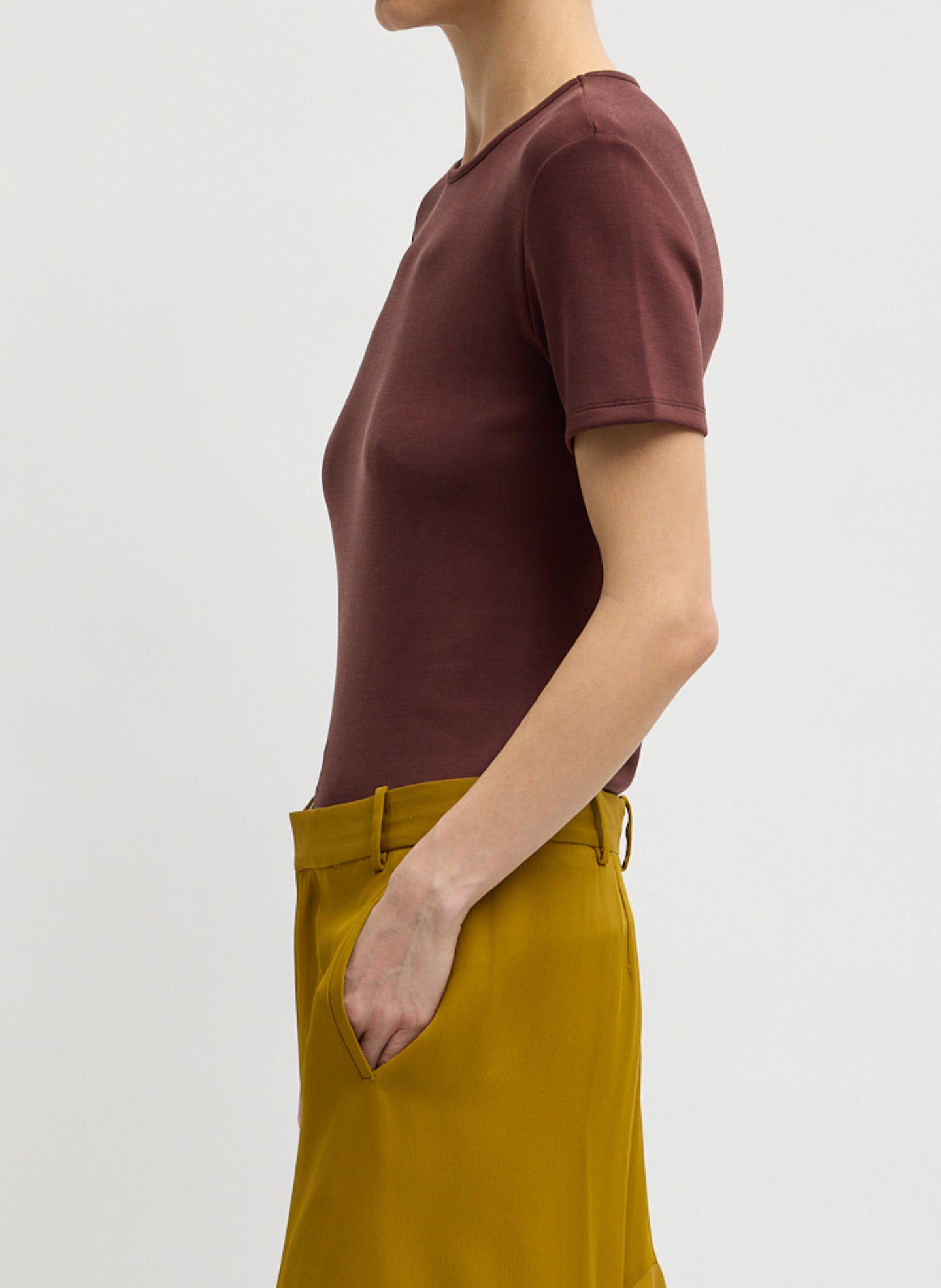 Bordeaux Feather Weight Viscose Neoprene Short Sleeve T-Shirt - side view on model