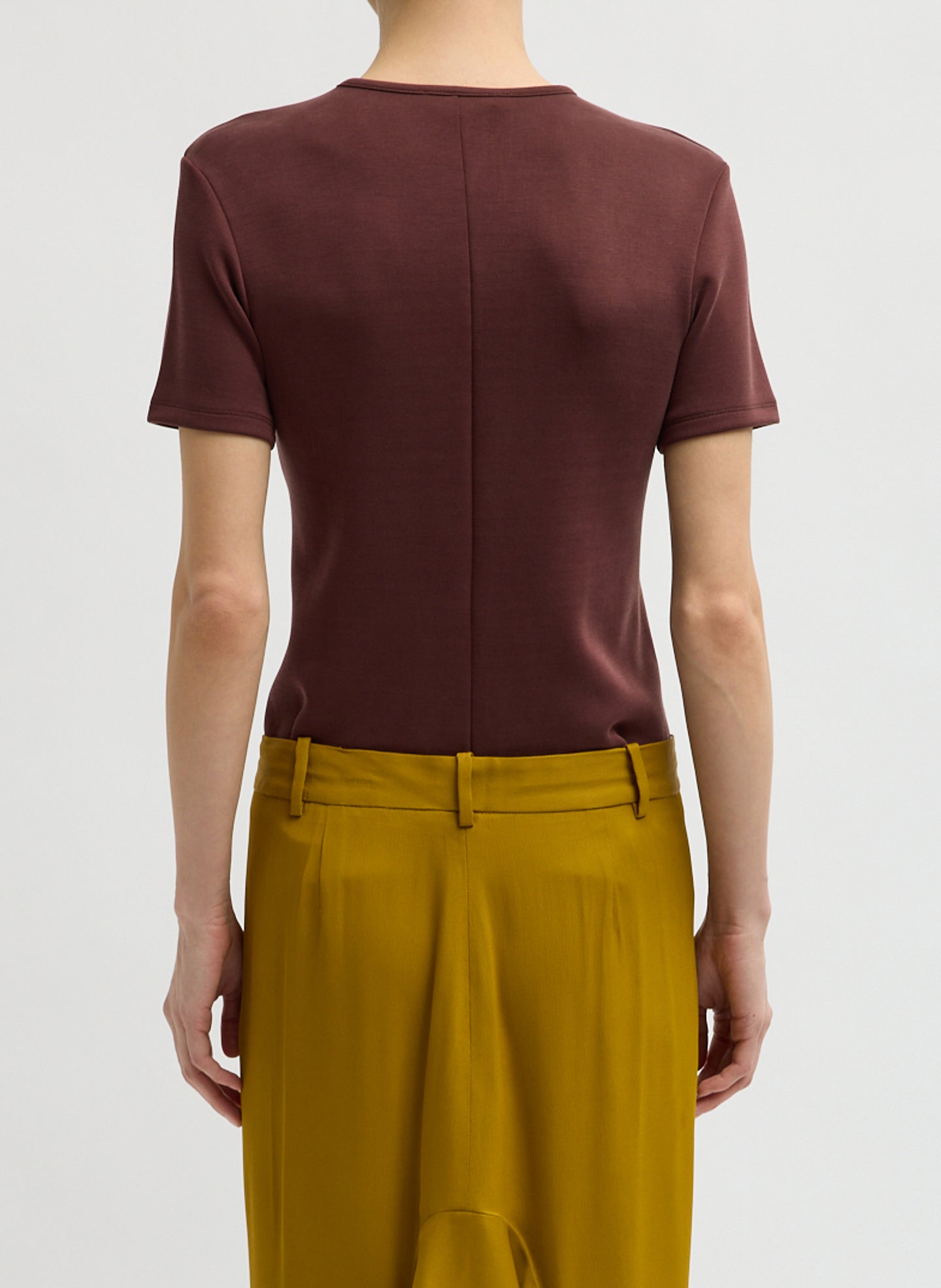 Bordeaux Feather Weight Viscose Neoprene Short Sleeve T-Shirt - back view on model