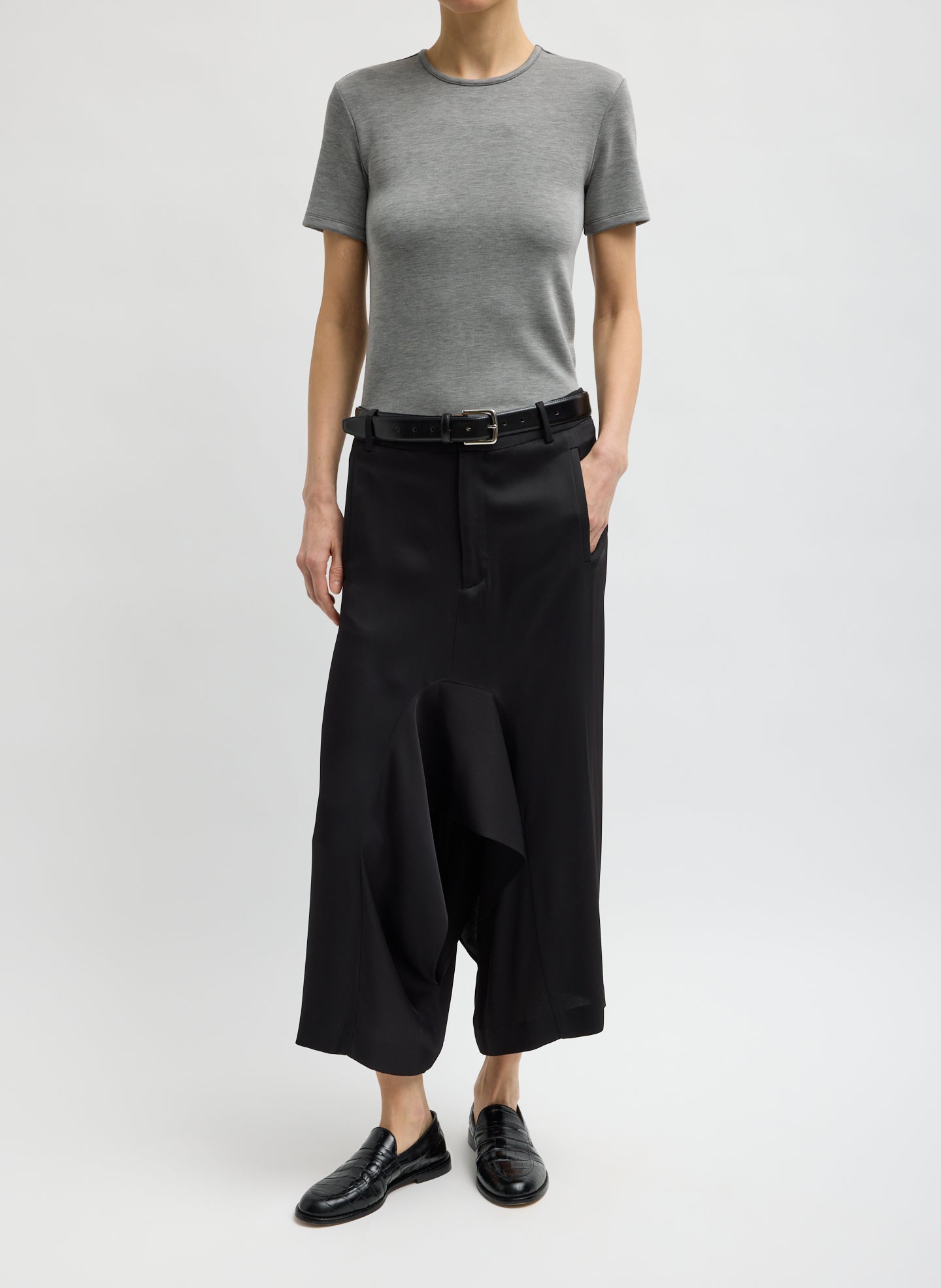 Grey Feather Weight Viscose Neoprene Short Sleeve T-Shirt - full look, front view on model