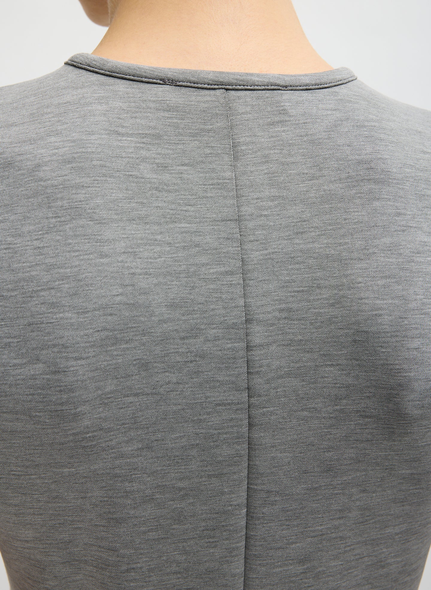 Grey Feather Weight Viscose Neoprene Short Sleeve T-Shirt - closeup of back seam detail