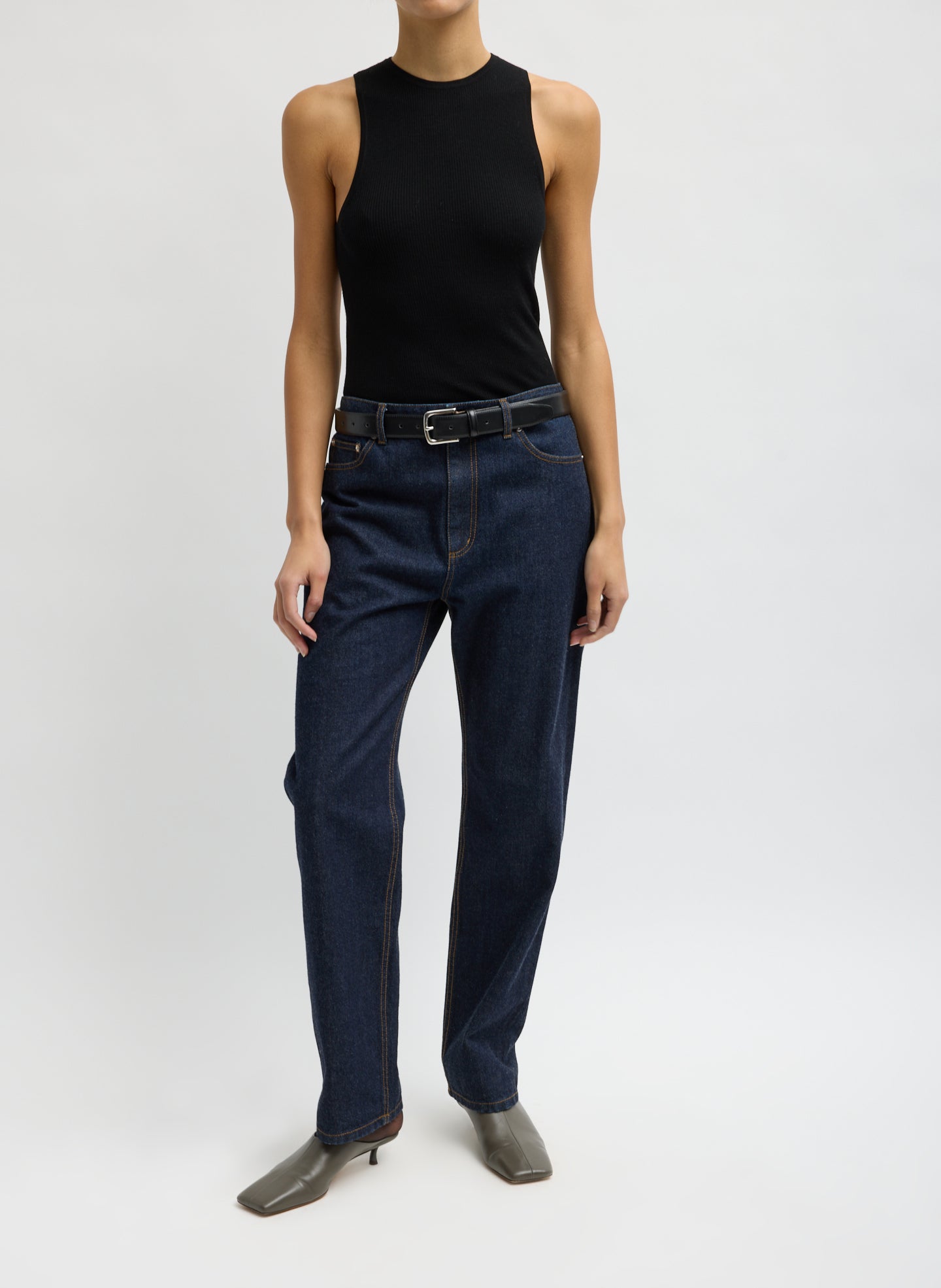 Black Feather Weight Ribbed Cut Out Tank - full look, front view on model