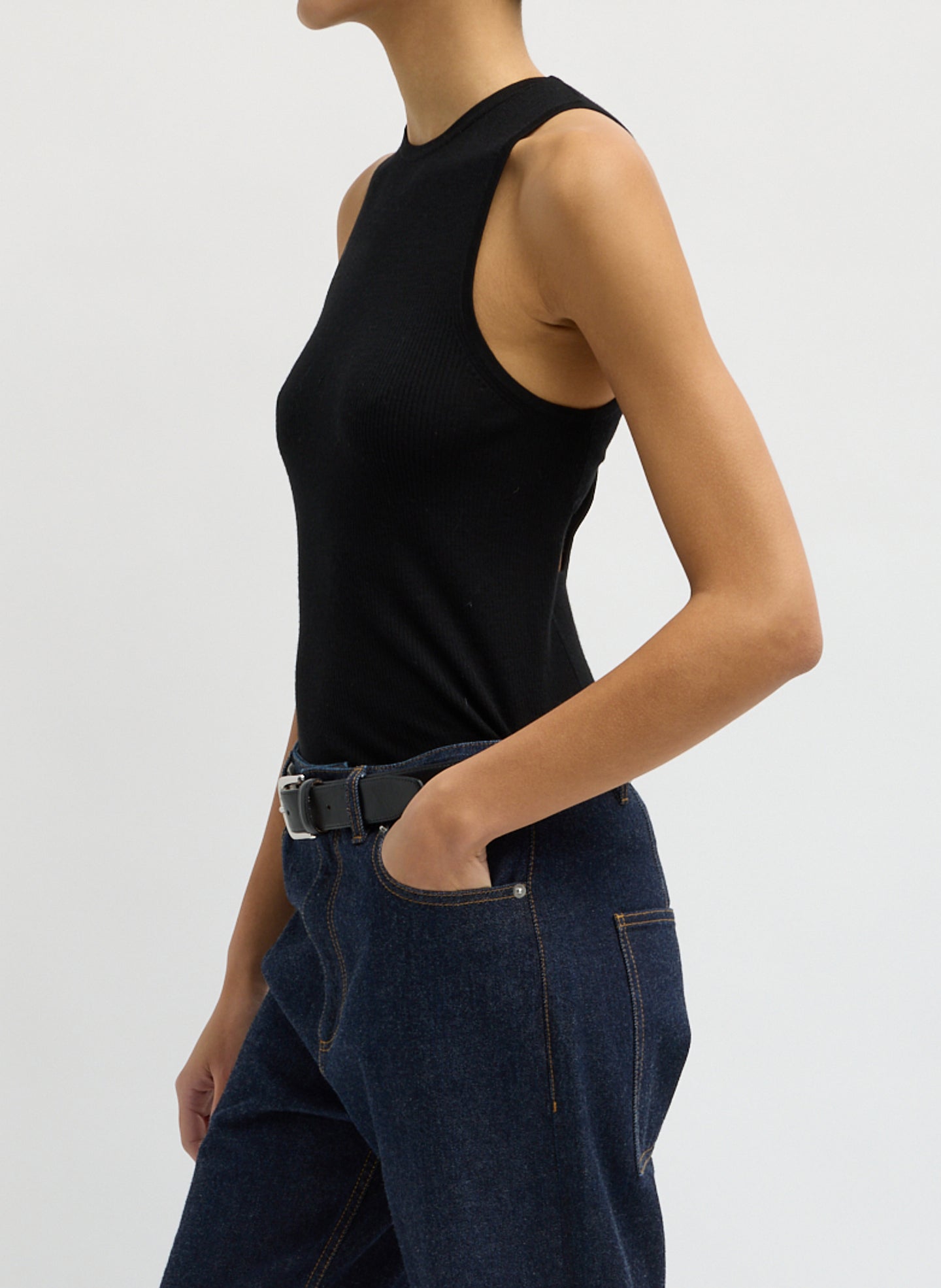 Black Feather Weight Ribbed Cut Out Tank - side view on model