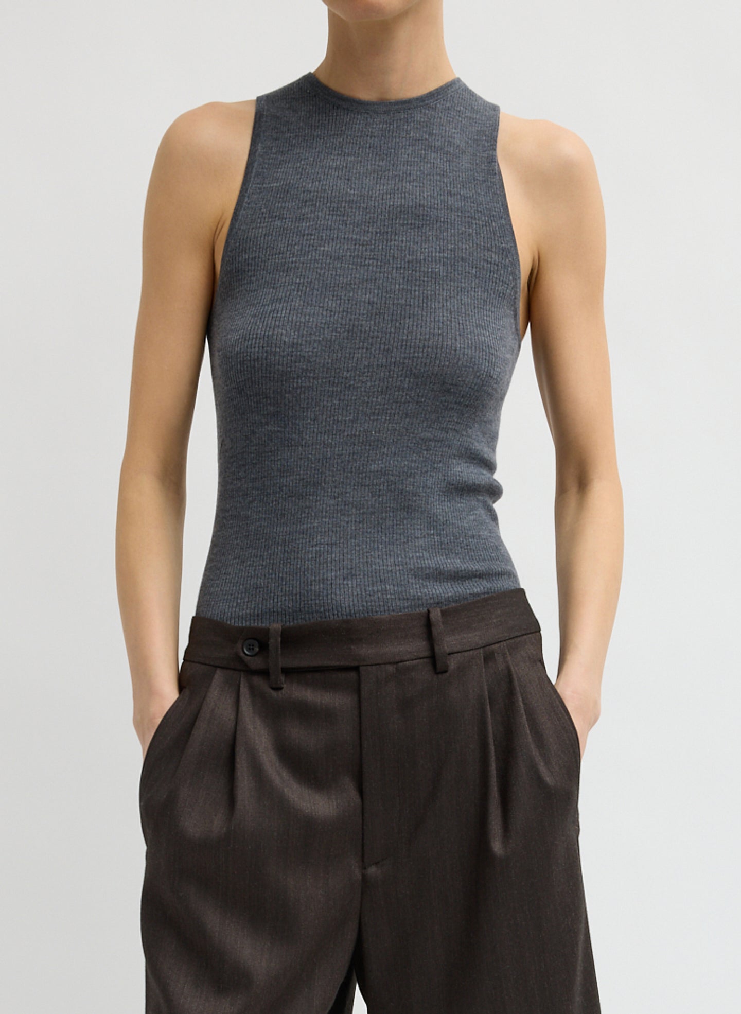 Charcoal Grey Feather Weight Ribbed Cut Out Tank - front view on model