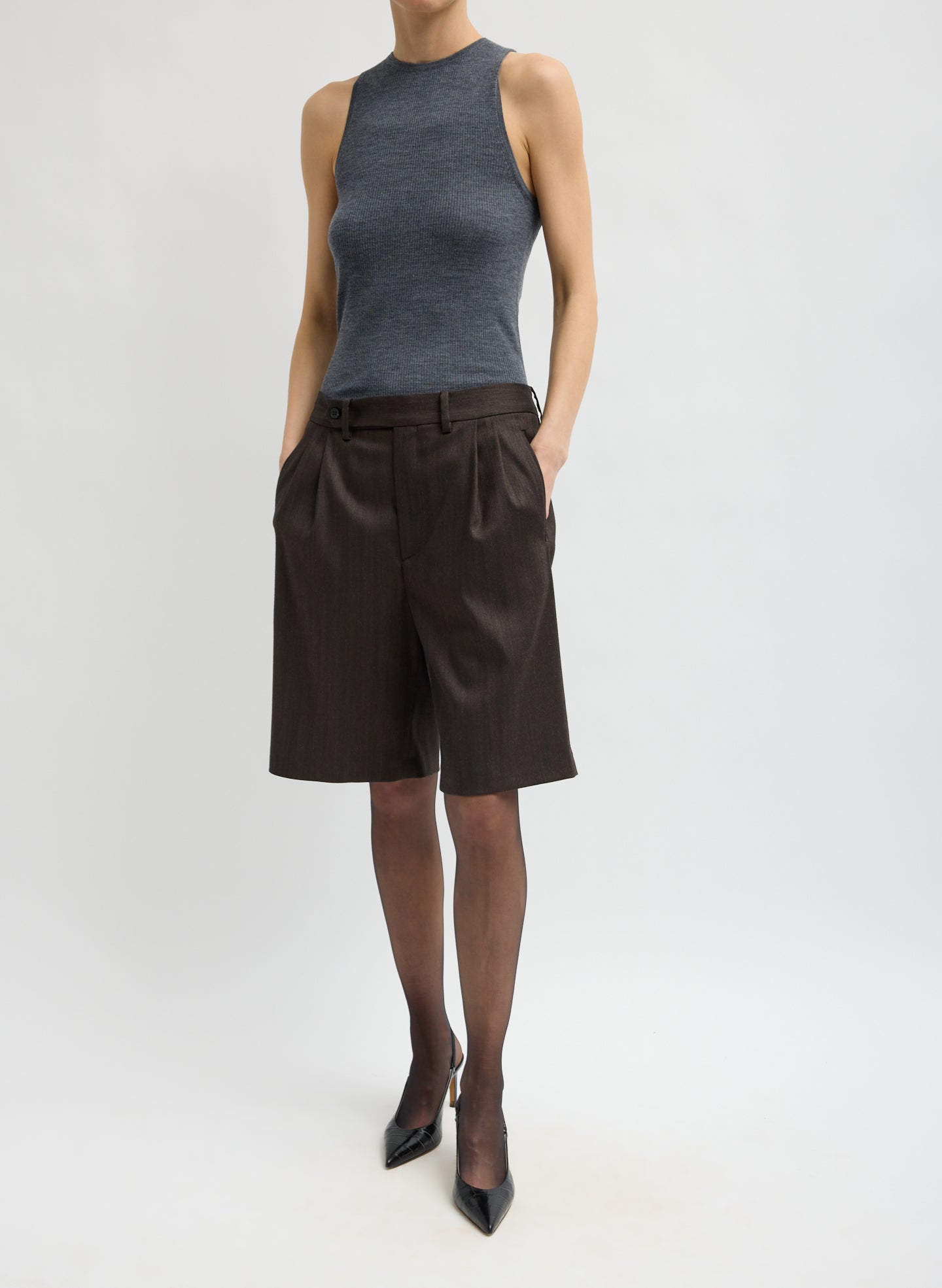 Charcoal Grey Feather Weight Ribbed Cut Out Tank - full look, front view on model