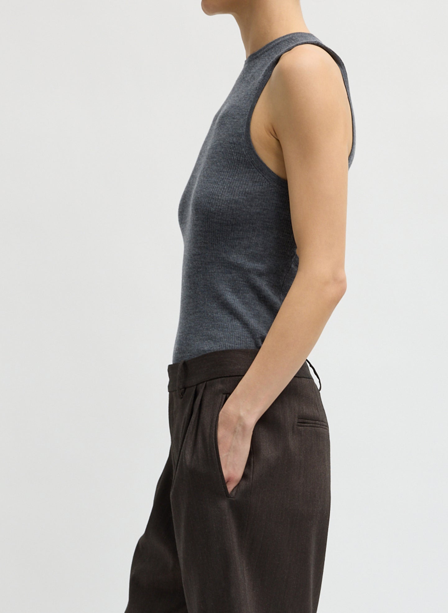 Charcoal Grey Feather Weight Ribbed Cut Out Tank - side view on model