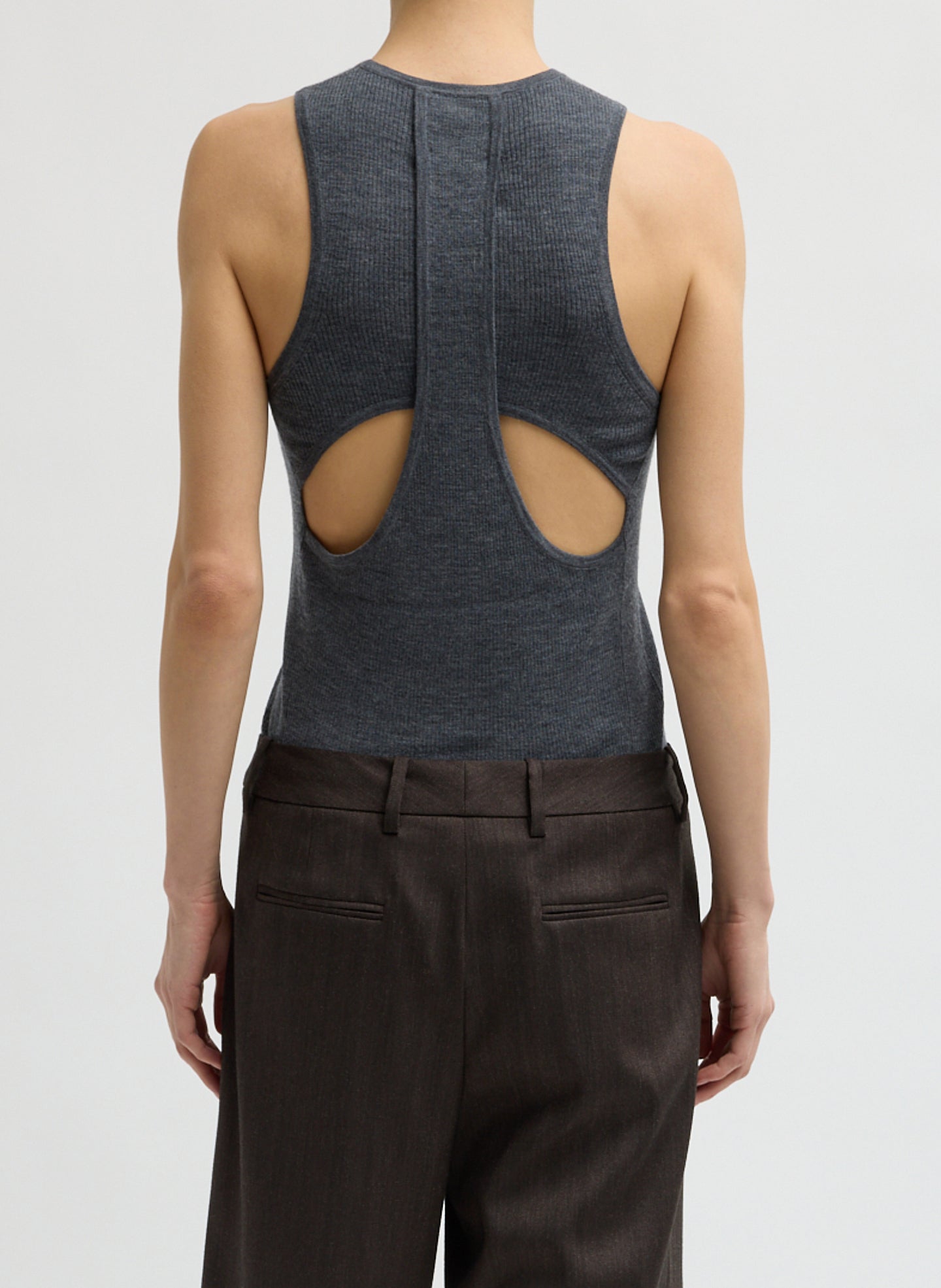 Charcoal Grey Feather Weight Ribbed Cut Out Tank - back view on model