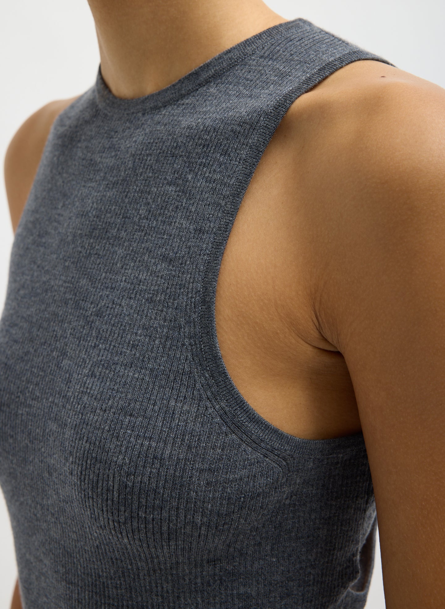 Charcoal Grey Feather Weight Ribbed Cut Out Tank - closeup of ribbed fabric