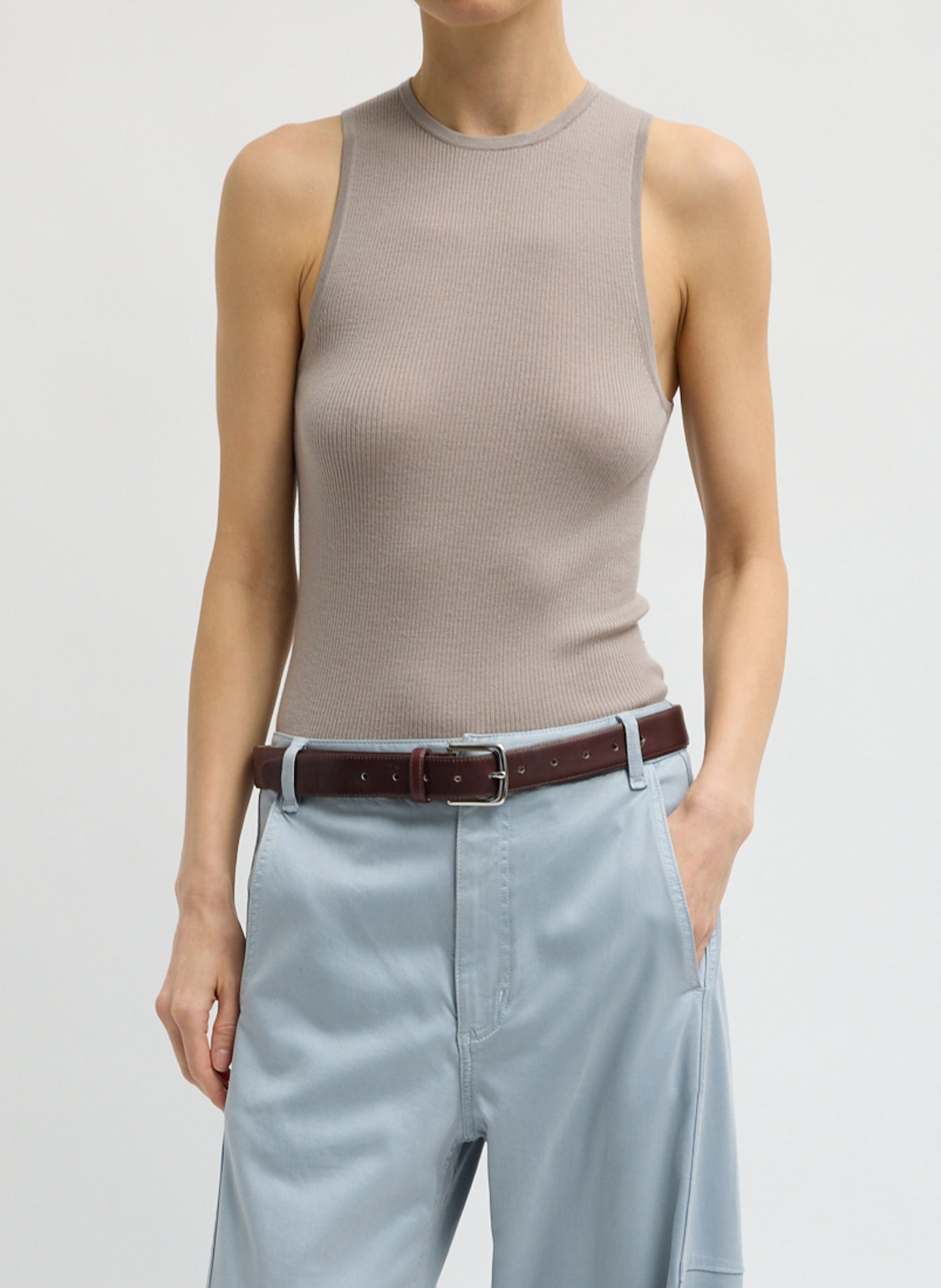 Clay Grey Feather Weight Ribbed Cut Out Tank - front view on model