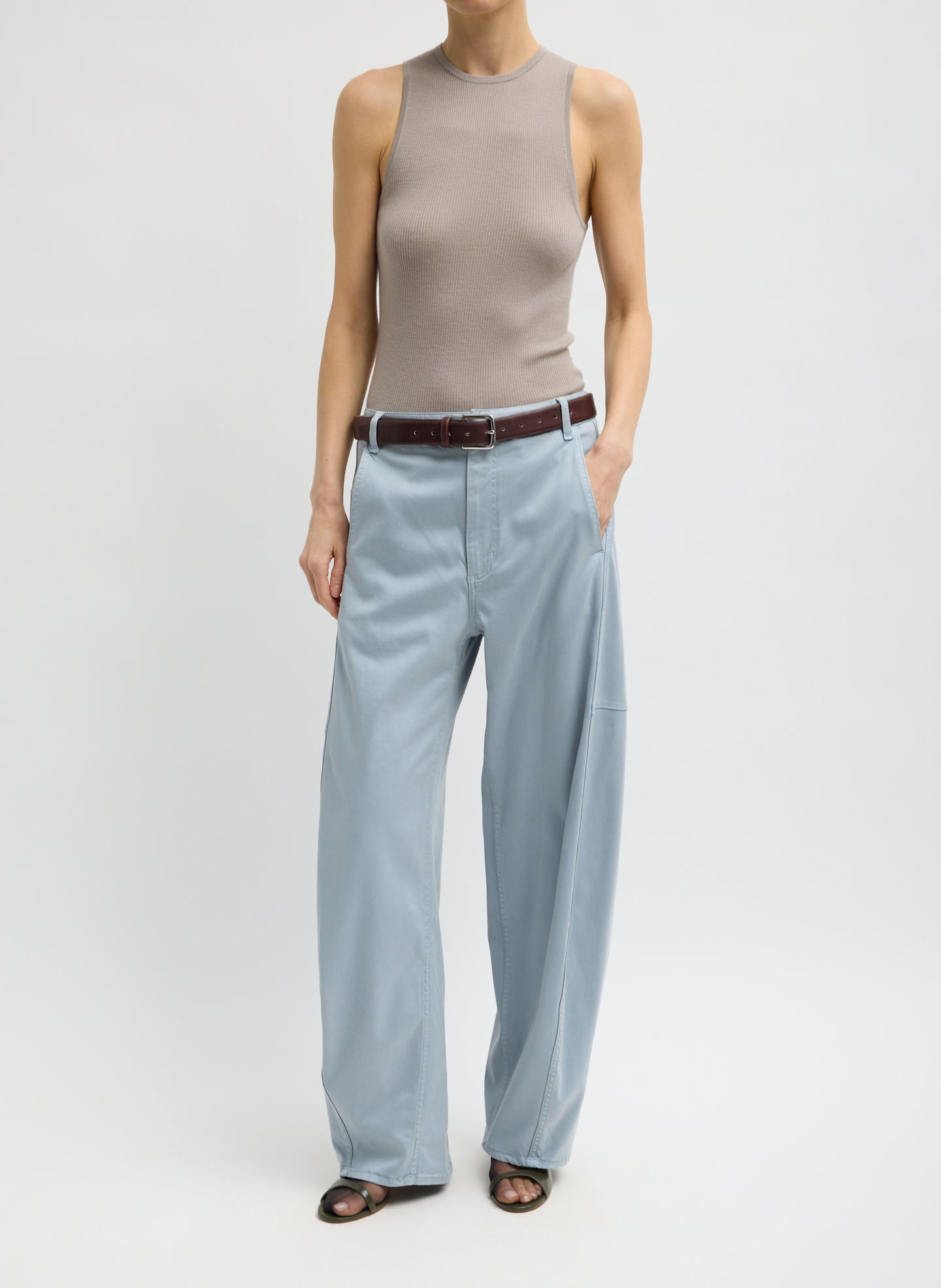 Clay Grey Feather Weight Ribbed Cut Out Tank - full look, front view on model
