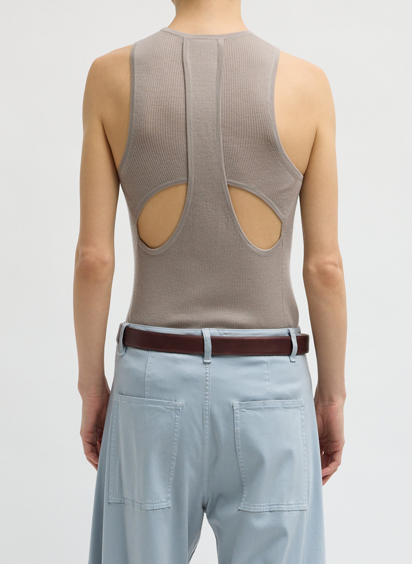 Clay Grey Feather Weight Ribbed Cut Out Tank - back view on model