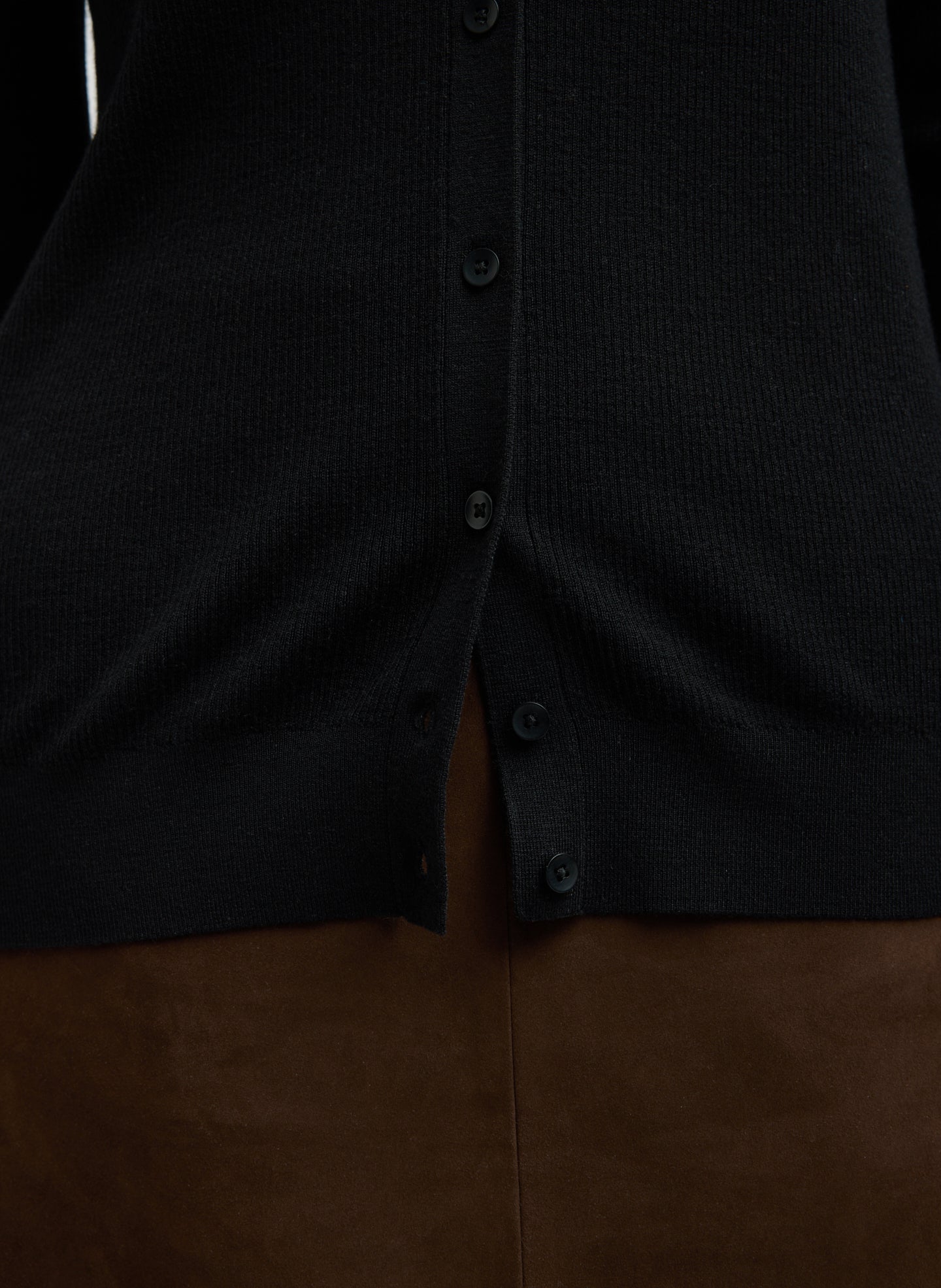Black Feather Weight Ribbed V-Neck Cardigan - closeup of button details
