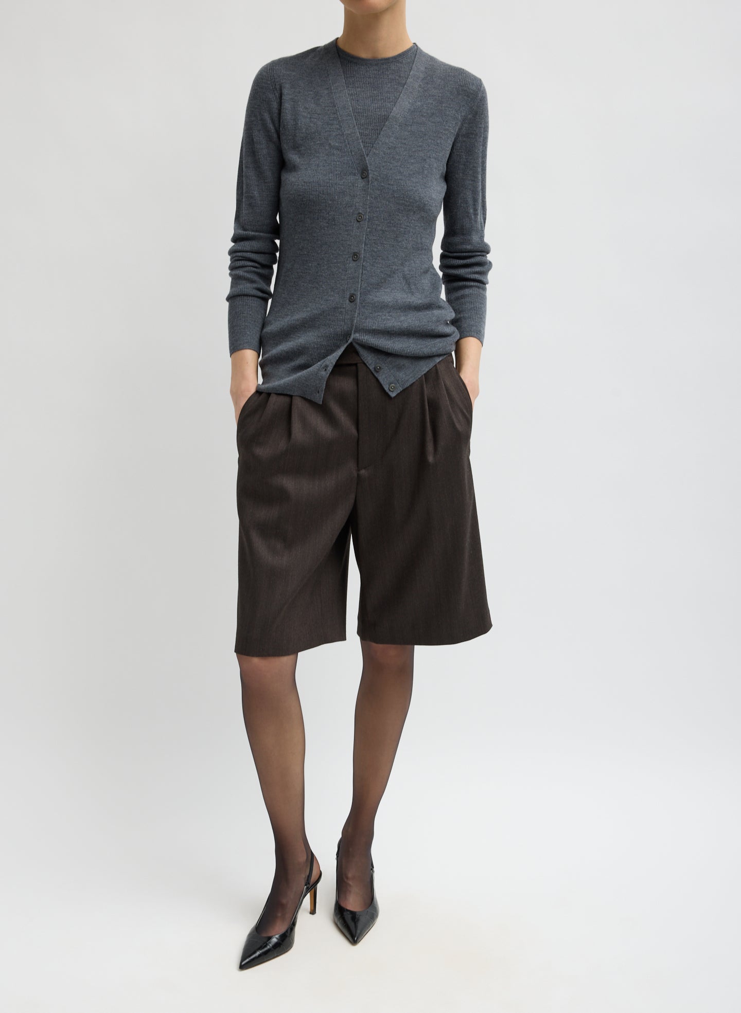 Charcoal Grey Feather Weight Ribbed V-Neck Cardigan - full look, front view on model
