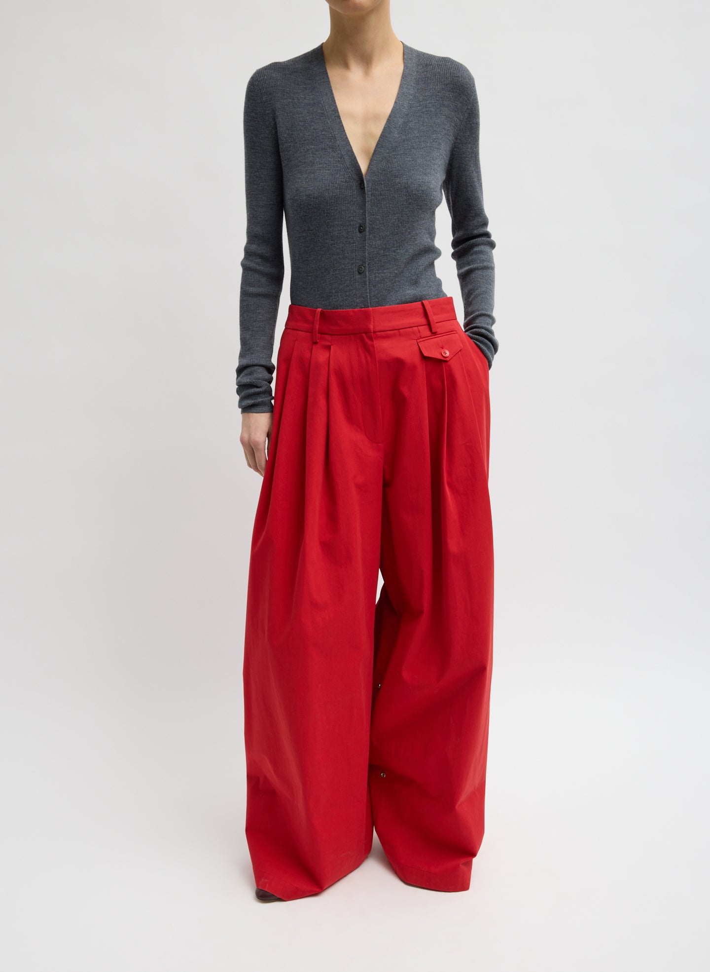Charcoal Grey Feather Weight Ribbed V-Neck Cardigan - full look, front view on model