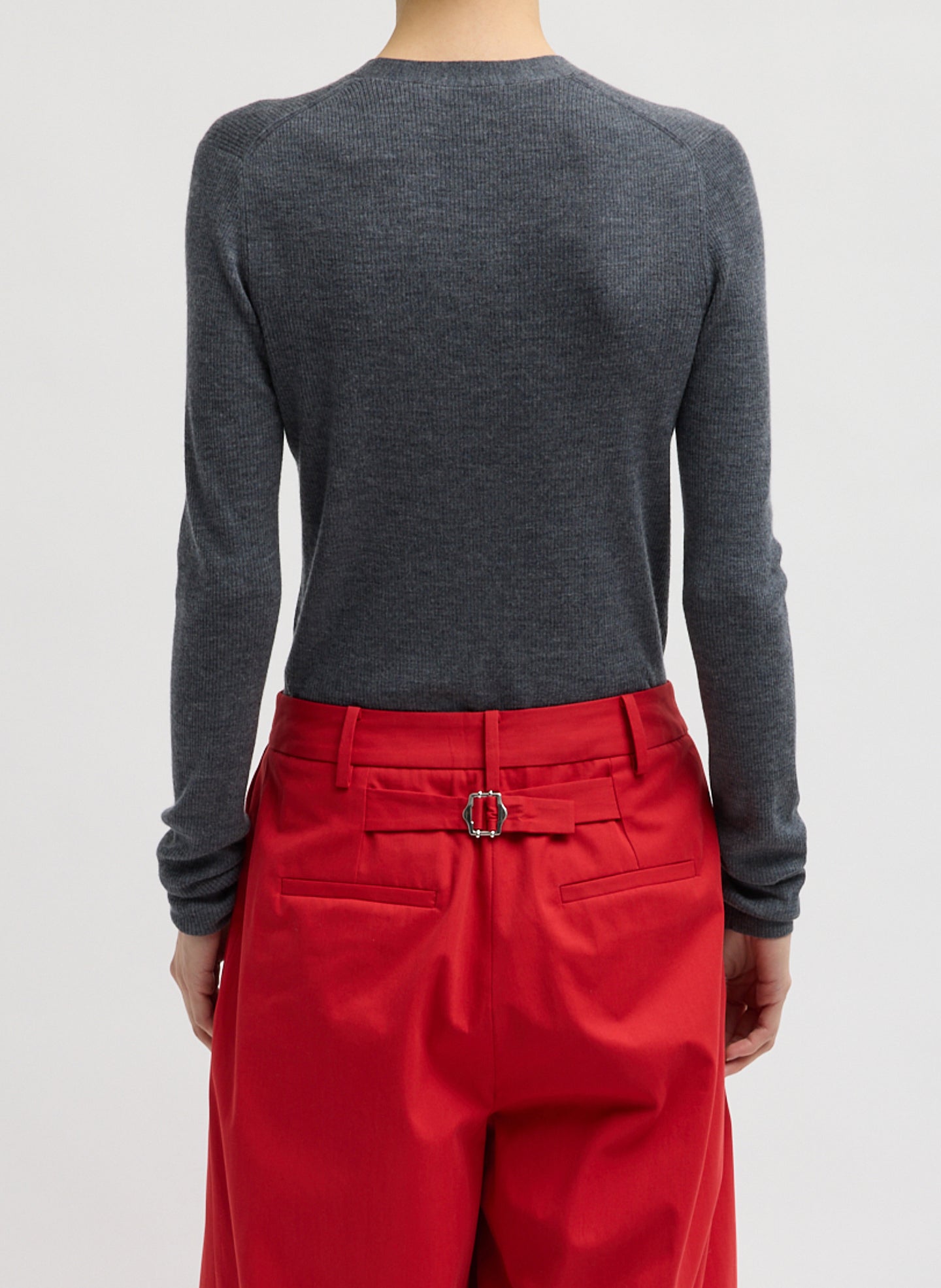 Charcoal Grey Feather Weight Ribbed V-Neck Cardigan - back view on model