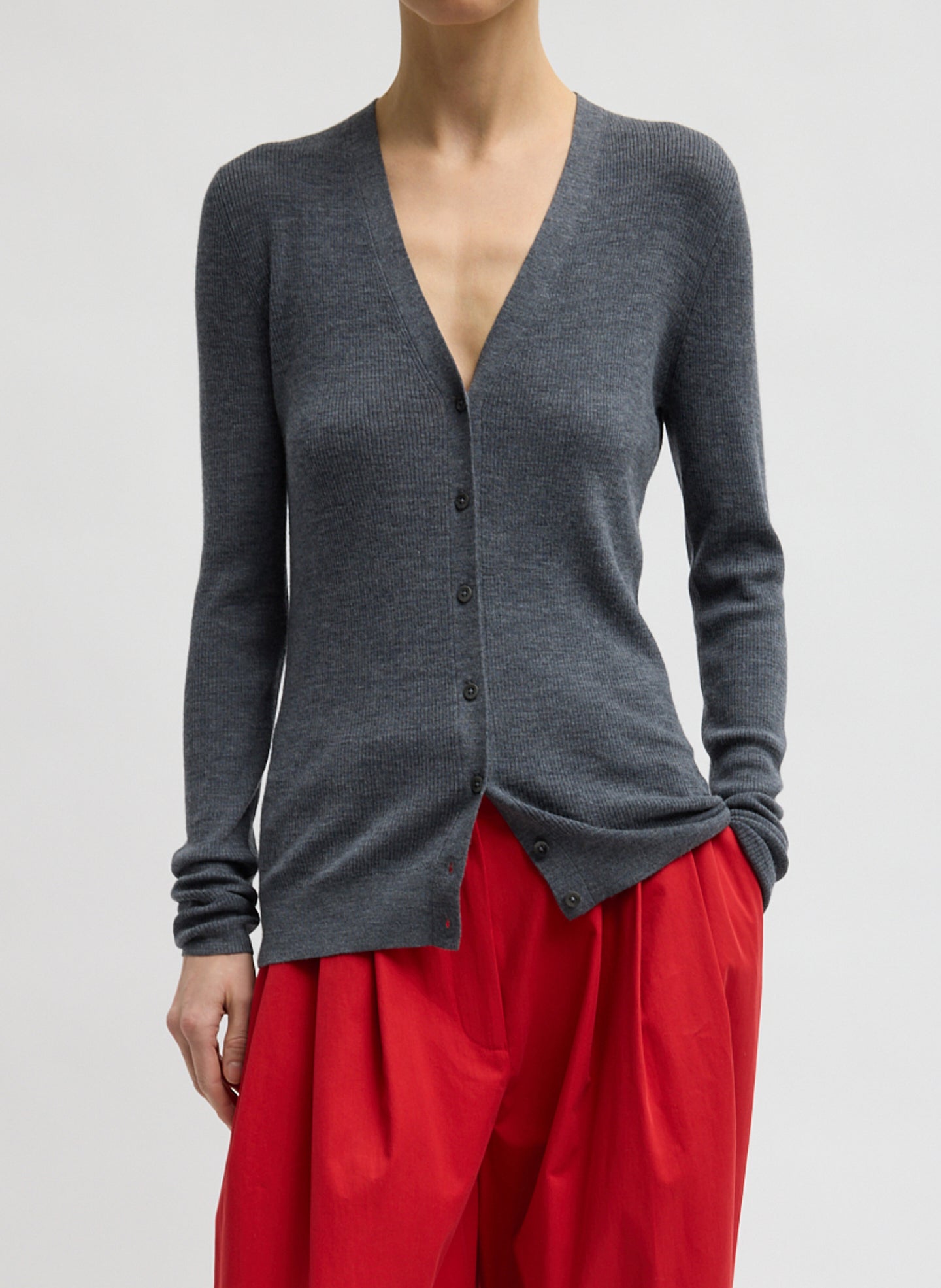 Feather Weight Ribbed V-Neck Slim Cardigan - Charcoal Grey Feather Weight Ribbed V-Neck Cardigan - front view on model